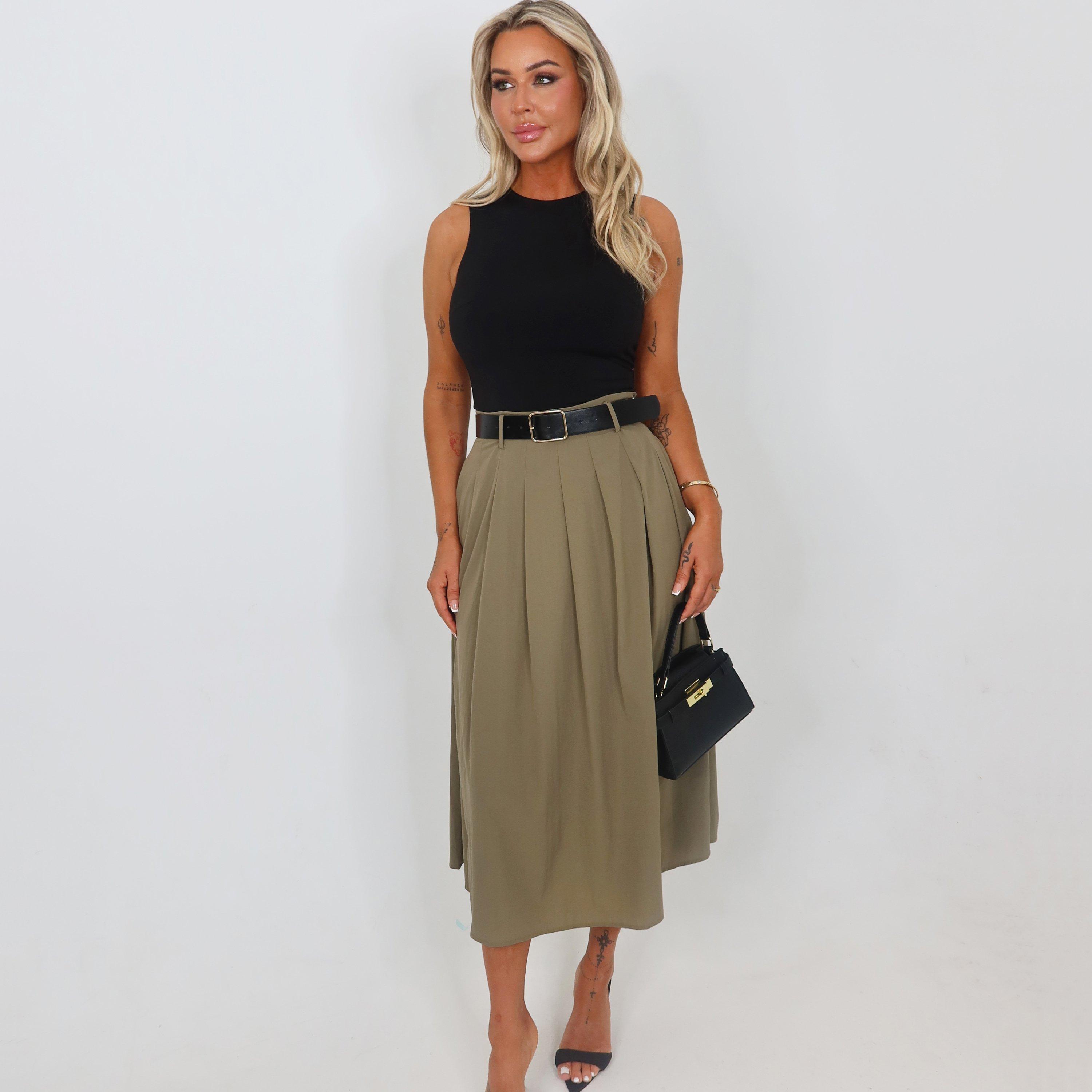 Khaki - AX Paris - Khaki 2 in 1 Pleated Skirt Belted Midi Dress - 2