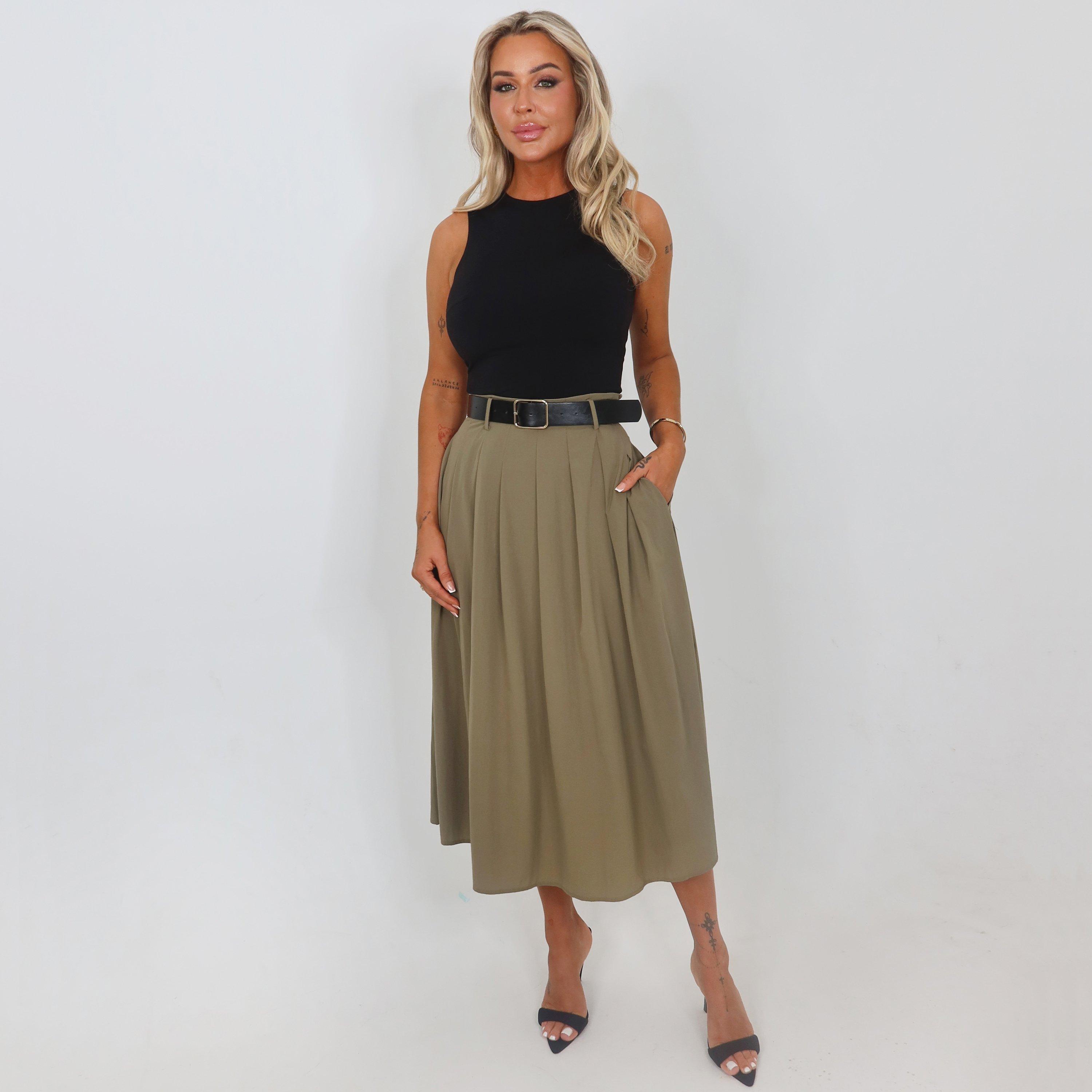 Khaki - AX Paris - Khaki 2 in 1 Pleated Skirt Belted Midi Dress - 6