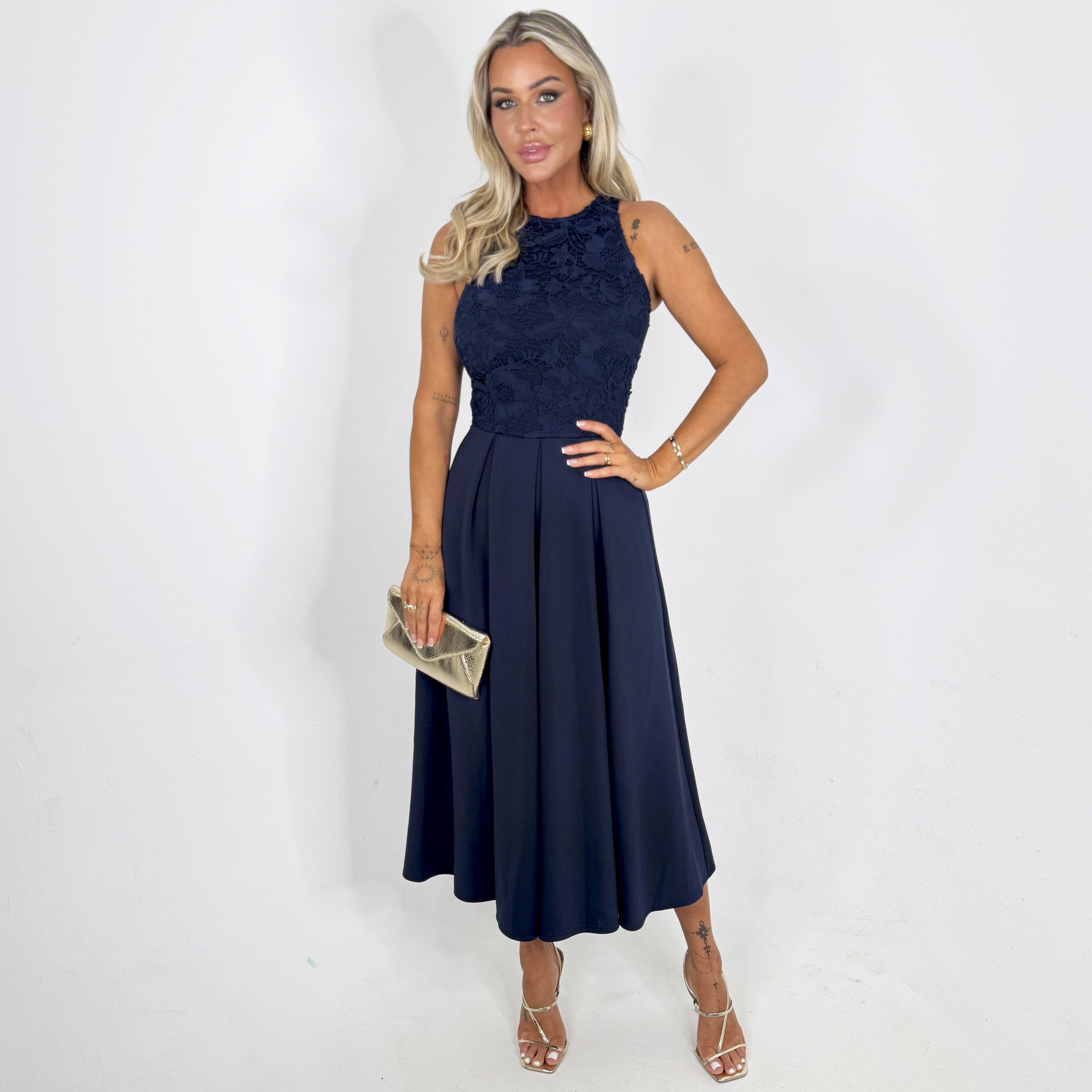 Navy - AX Paris - Navy Embroidered Top Overlay A-Line Skirt Midi Dress - 1