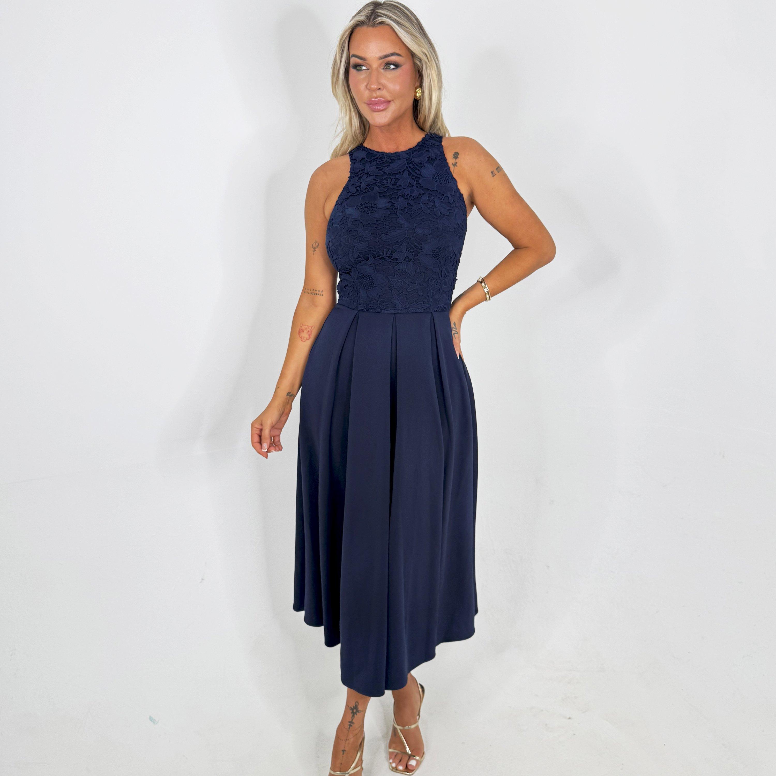 Navy - AX Paris - Navy Embroidered Top Overlay A-Line Skirt Midi Dress - 2
