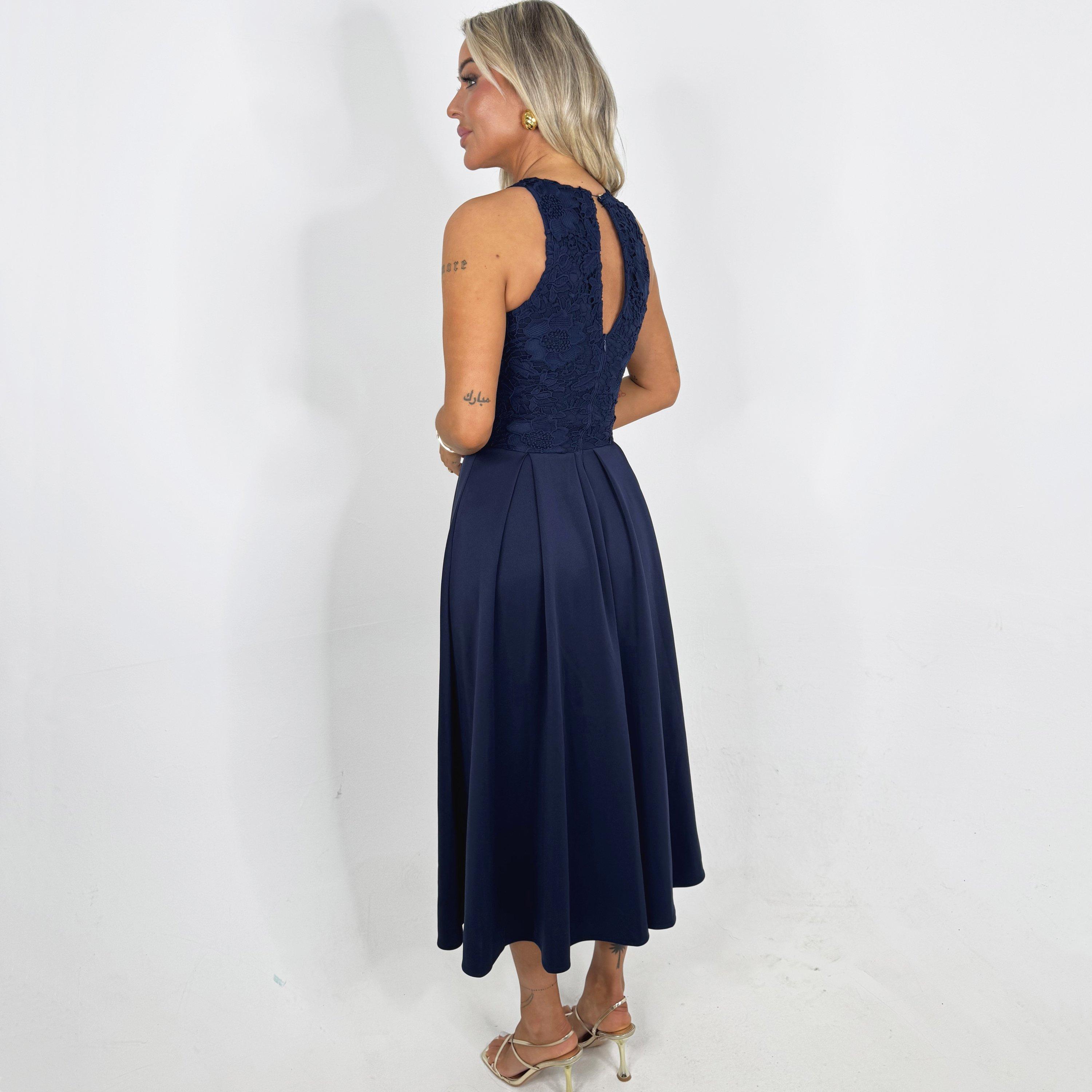 Navy - AX Paris - Navy Embroidered Top Overlay A-Line Skirt Midi Dress - 3