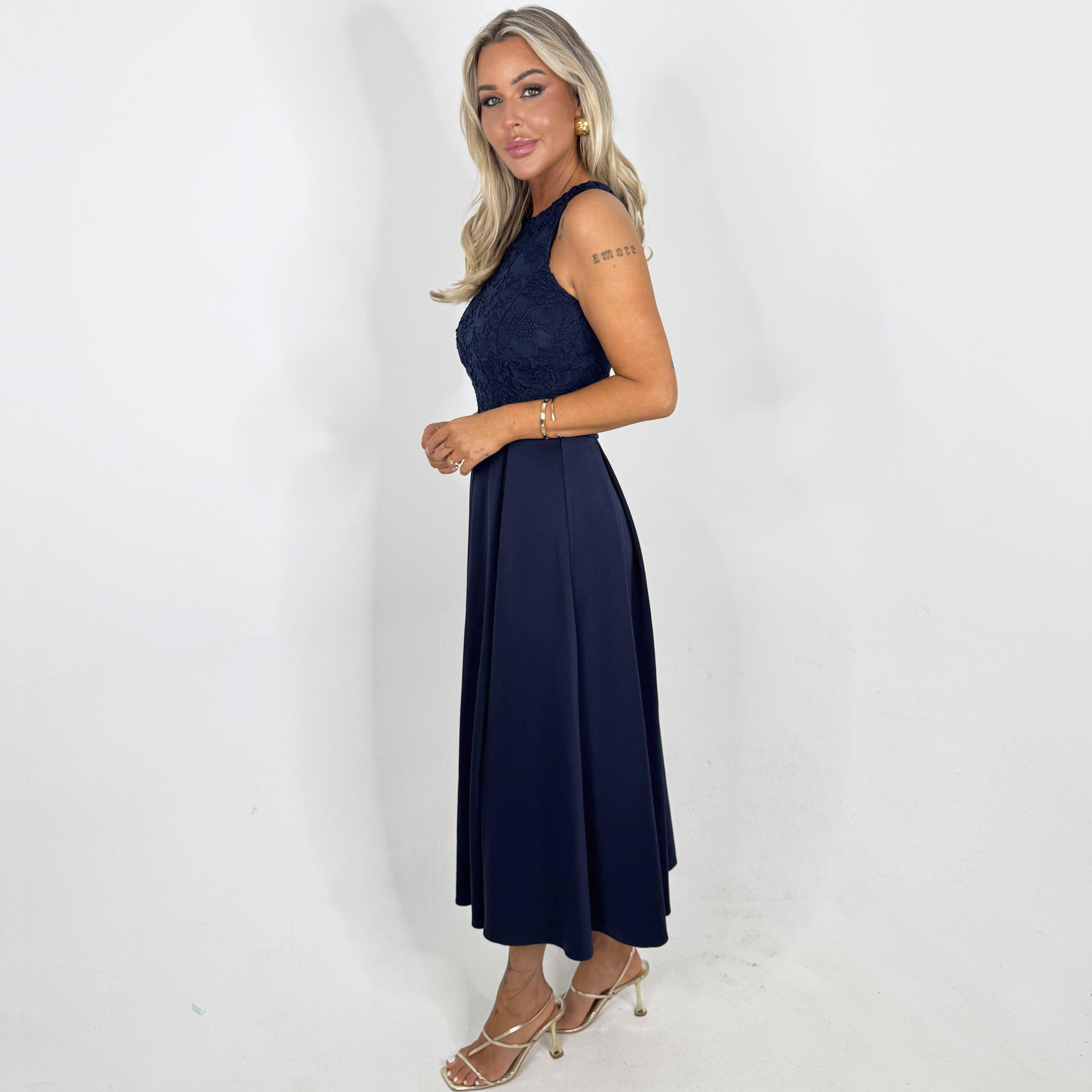 Navy - AX Paris - Navy Embroidered Top Overlay A-Line Skirt Midi Dress - 4