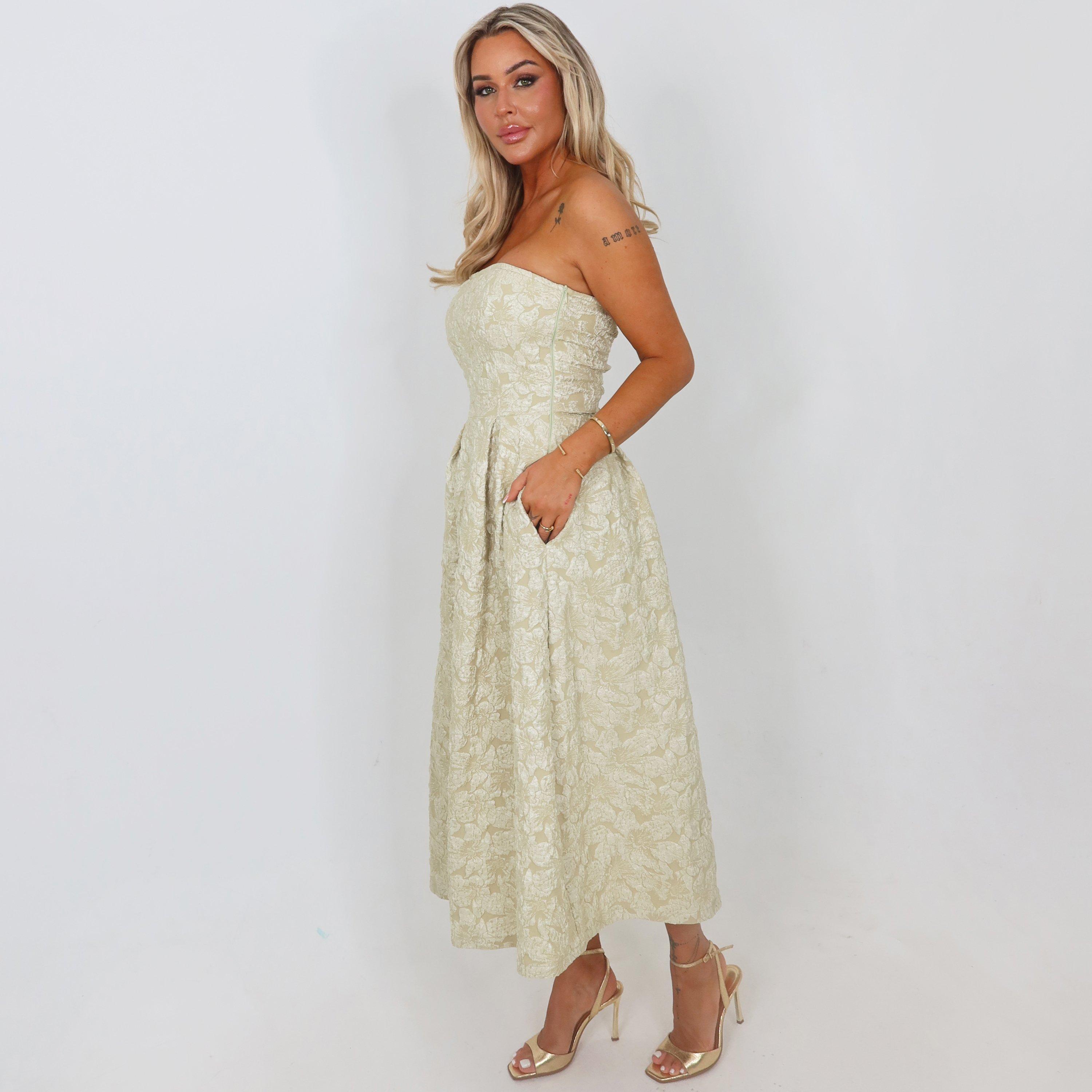 Sage - AX Paris - Sage Floral Jacquard Bandeau A-Line Midi Dress - 4