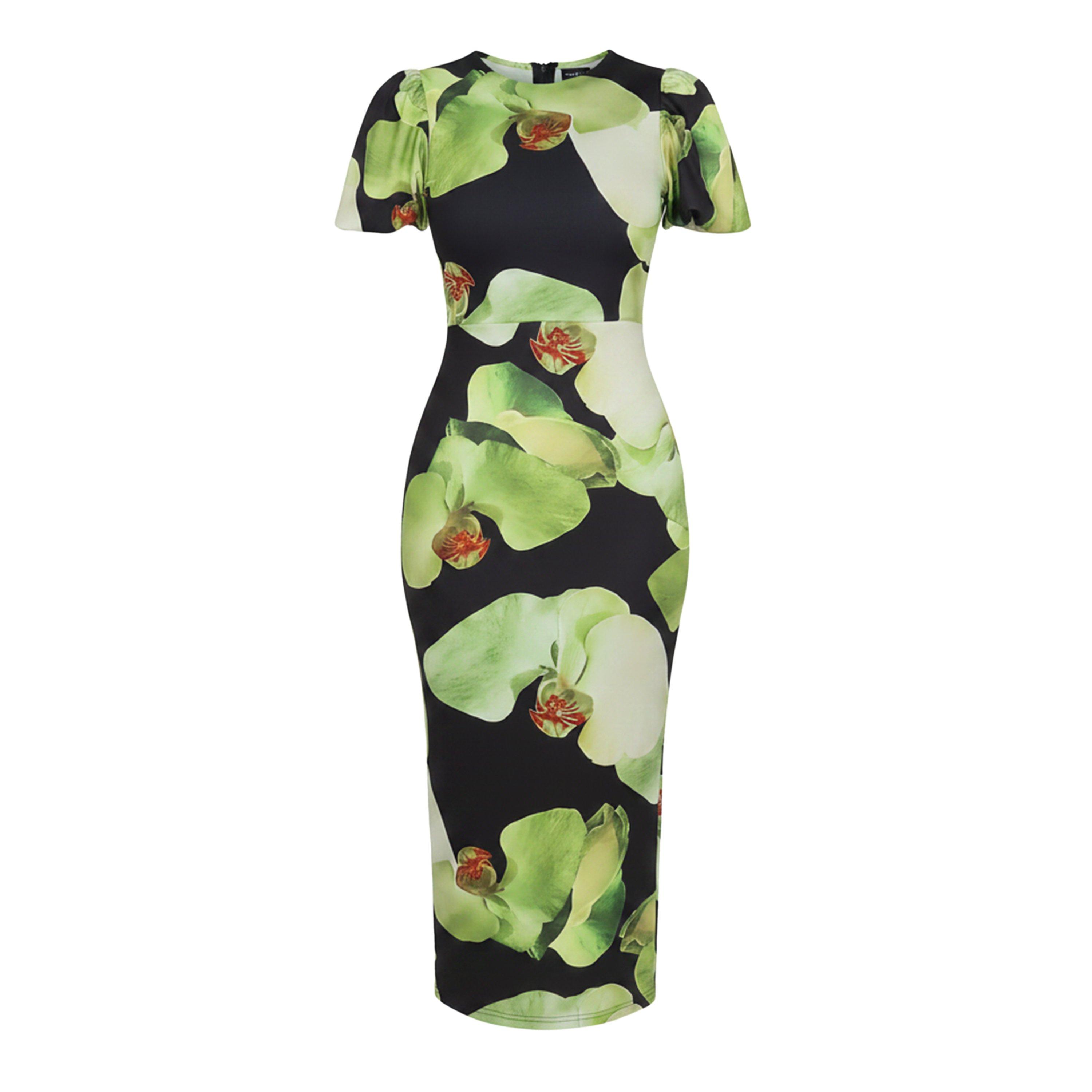 Black - AX Paris - Black And Green Floral Print Puff Sleeve Midi Dress - 1