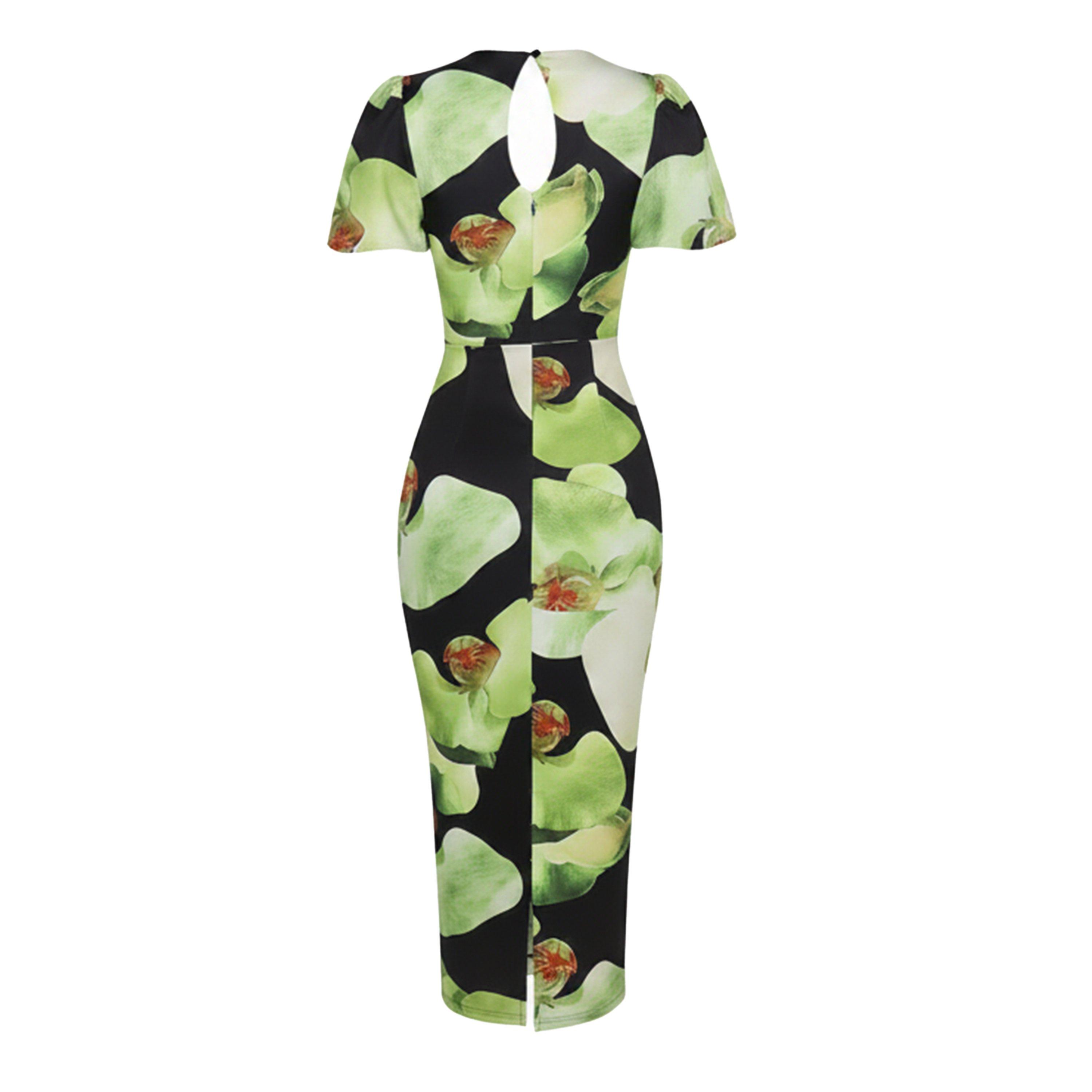 Noir - AX Paris - Black And Green Floral Print Puff Sleeve Midi Dress - 2