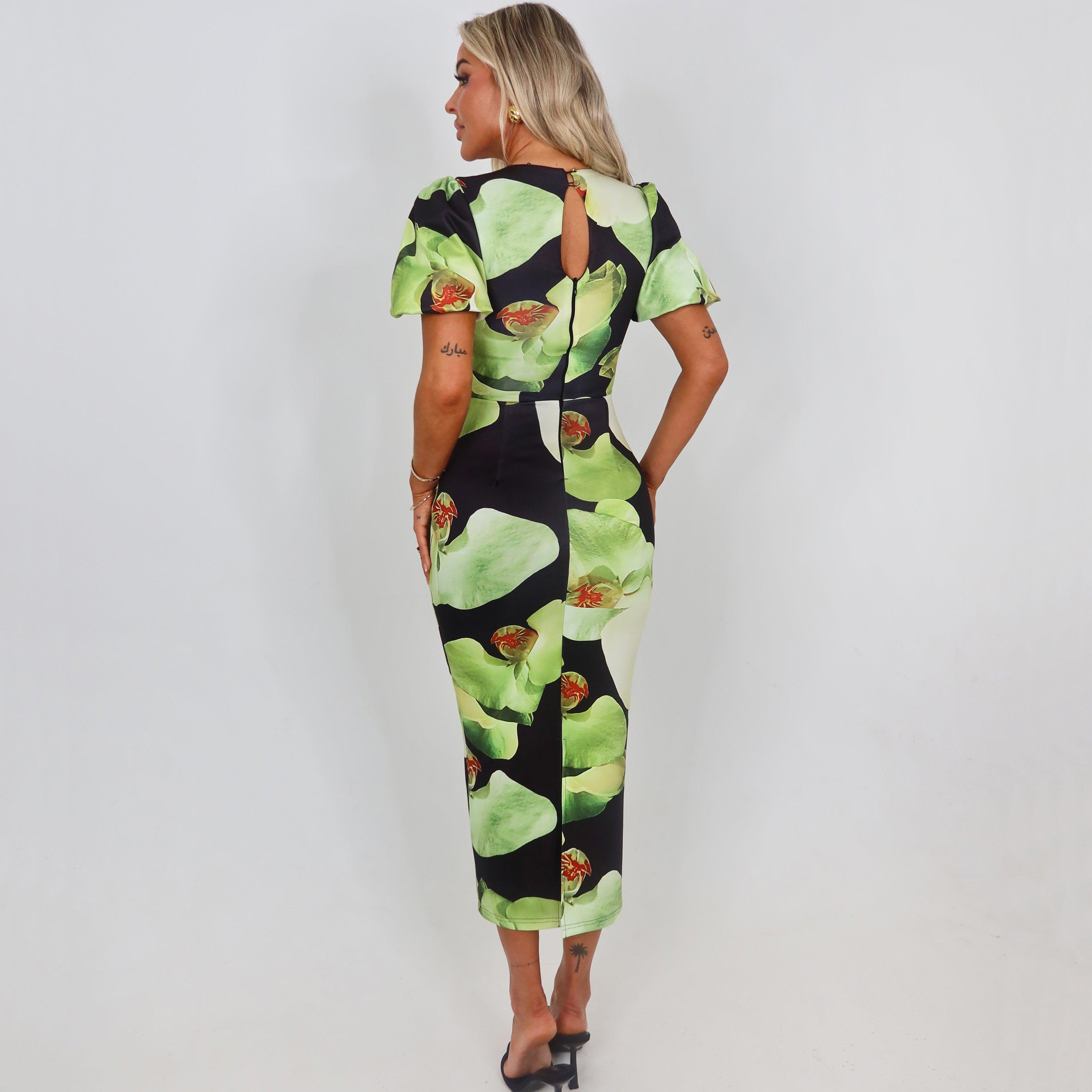 Black - AX Paris - And Green Floral Print Puff Sleeve Midi Dress - 3