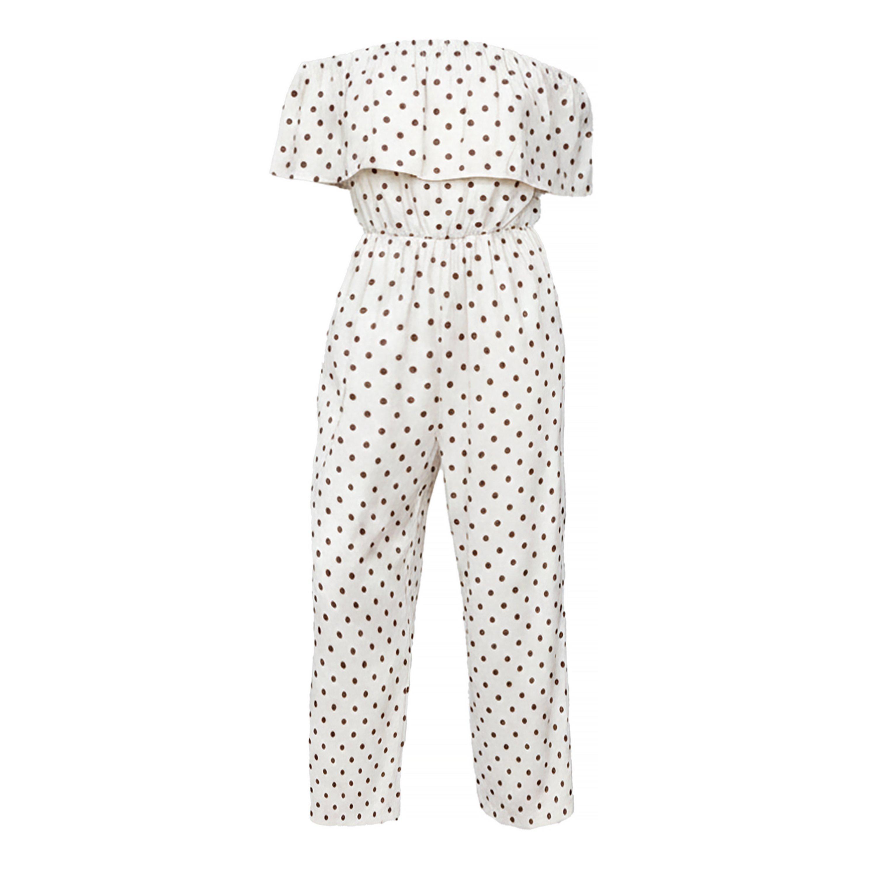 Ax Paris Women's And Brown Polka Dot Bardot Frill Culotte Jumpsuit Cream - 10 (S)