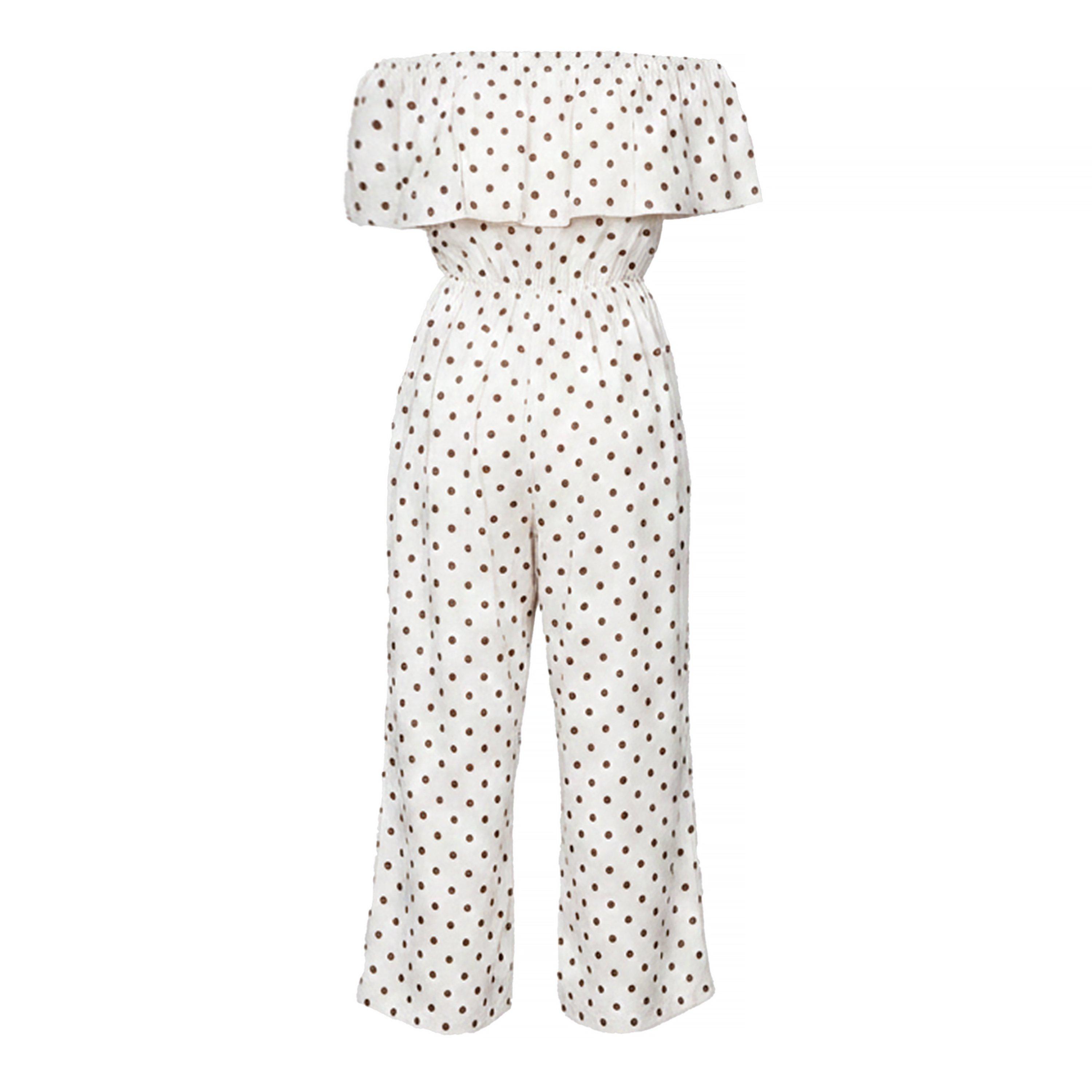 Cream - AX Paris - Cream And Brown Polka Dot Bardot Frill Culotte Jumpsuit - 2