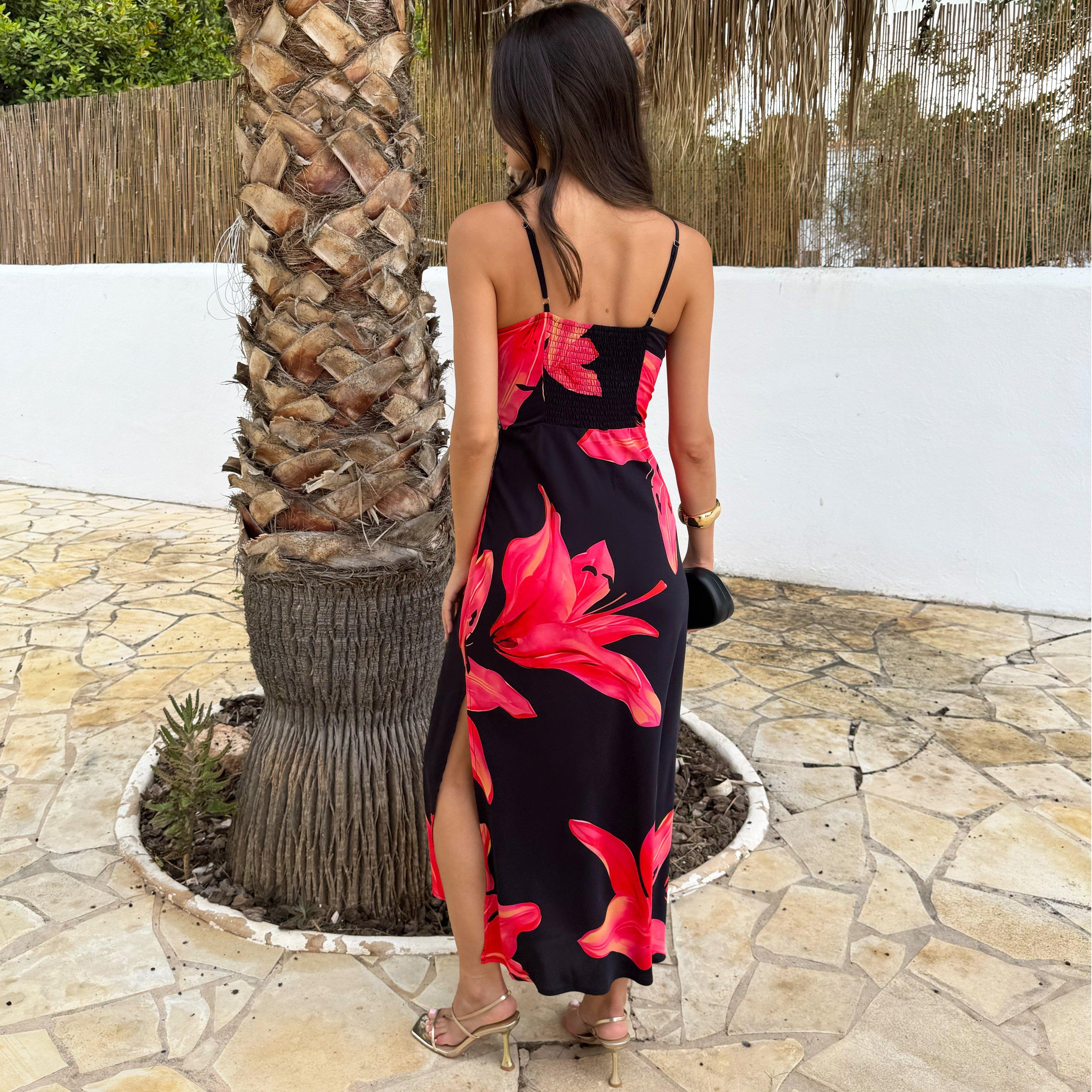 Black - AX Paris - And Coral Red Floral Print Strappy Slip Midi Dress - 3