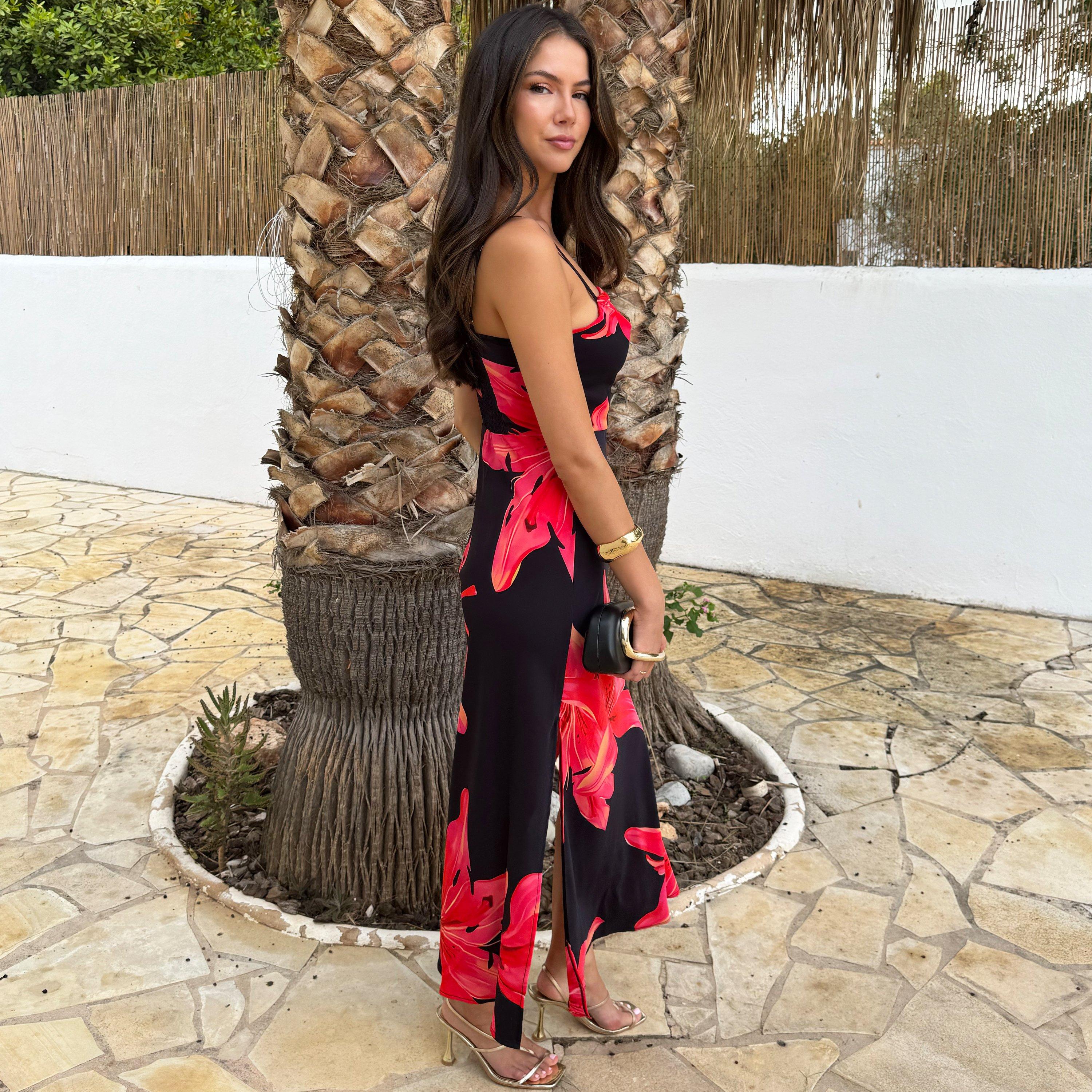 Black - AX Paris - And Coral Red Floral Print Strappy Slip Midi Dress - 4