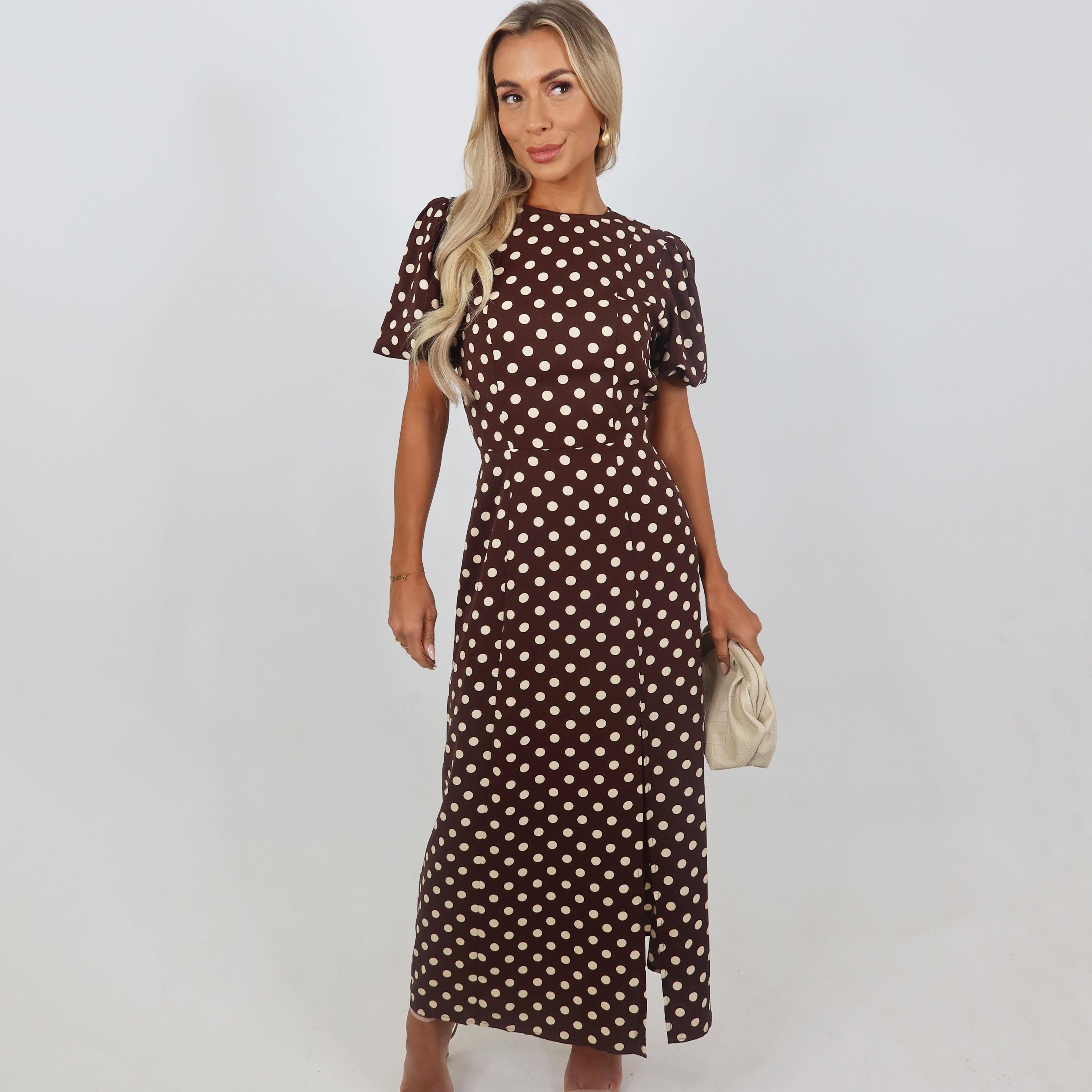 Chocolate - AX Paris - Polka Dot Print Puff Sleeve Midi Dress - 2