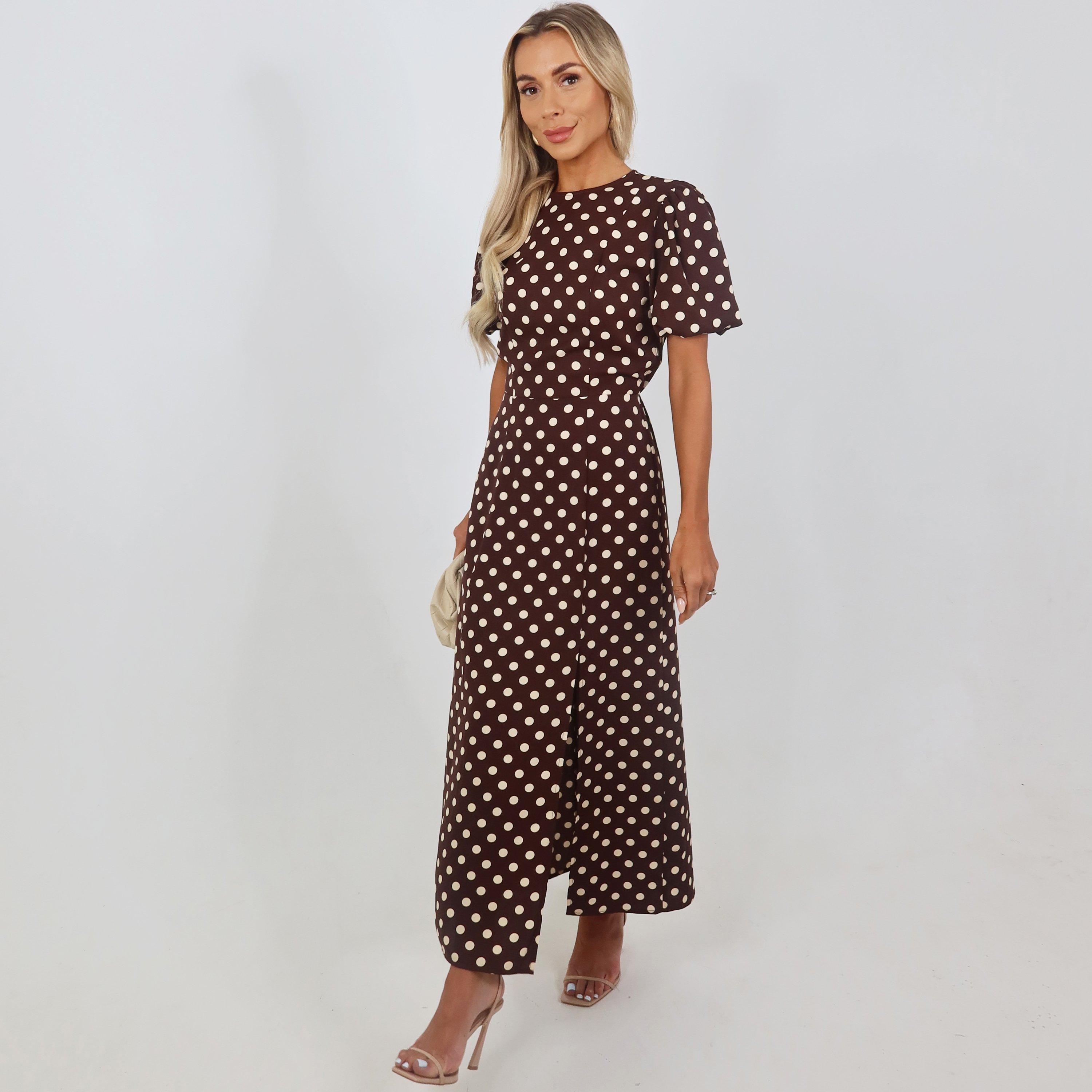 Chocolate - AX Paris - Polka Dot Print Puff Sleeve Midi Dress - 3