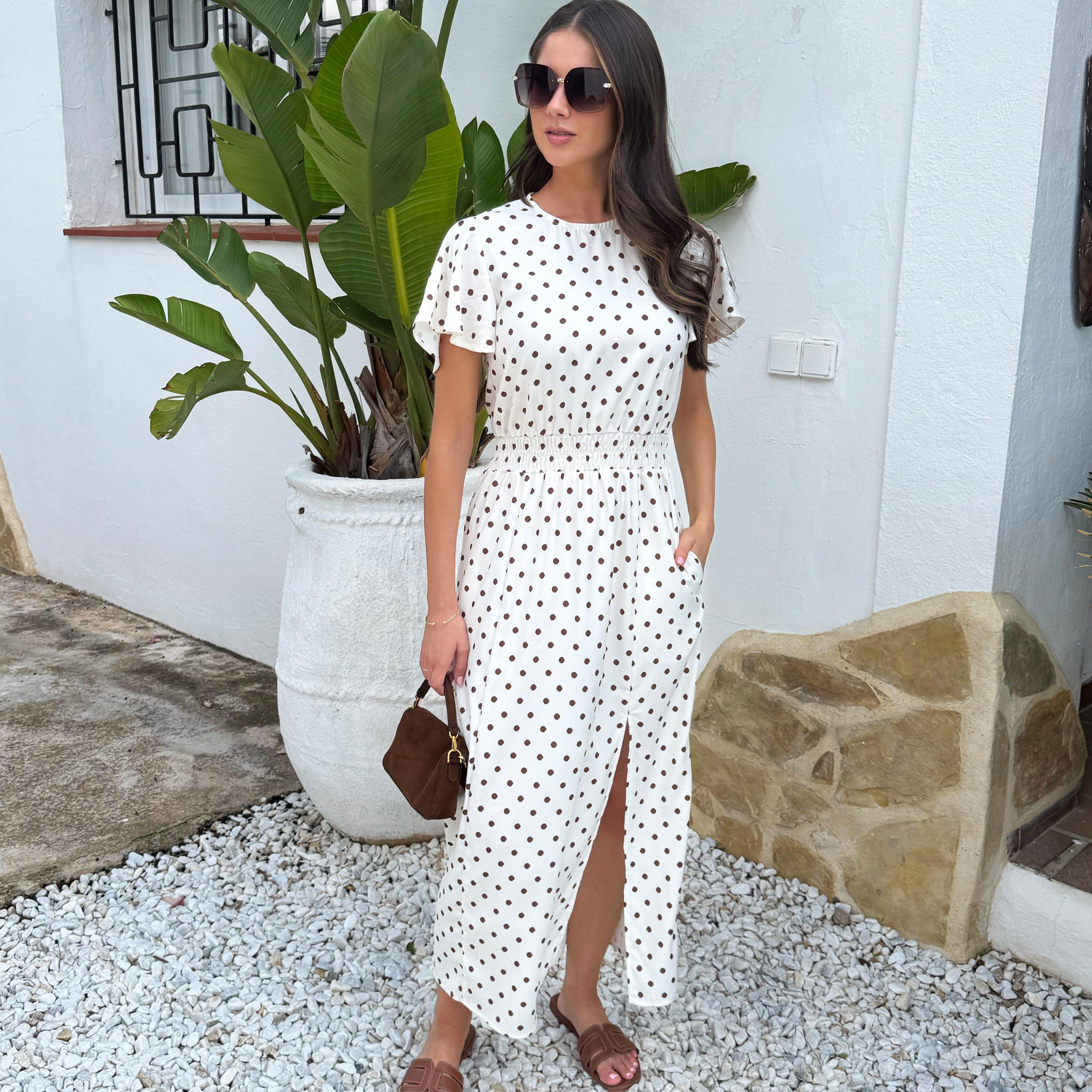 Cream - AX Paris - And Brown Polka Dot Flutter Sleeve Midi Dress - 2