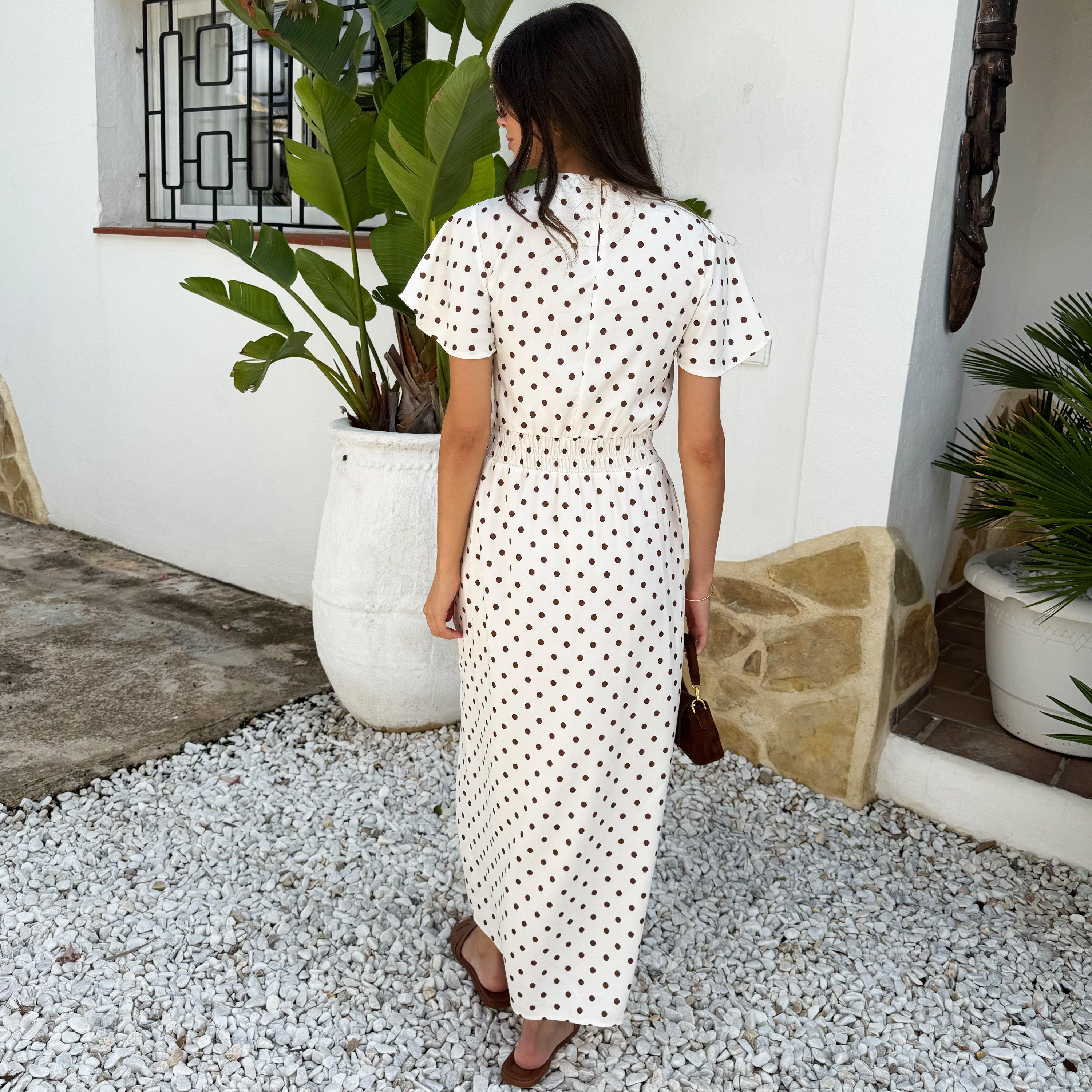 Cream - AX Paris - And Brown Polka Dot Flutter Sleeve Midi Dress - 3