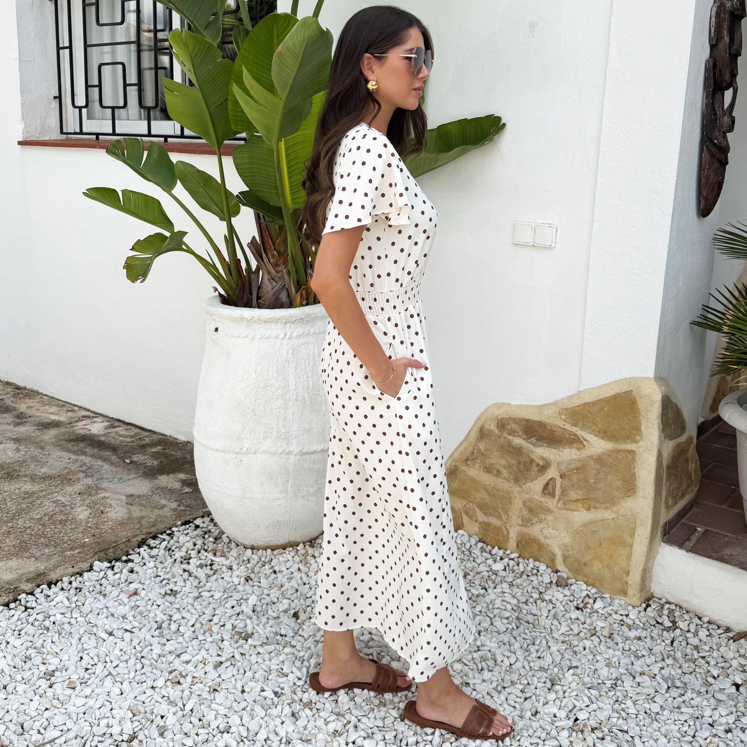 Cream - AX Paris - And Brown Polka Dot Flutter Sleeve Midi Dress - 4