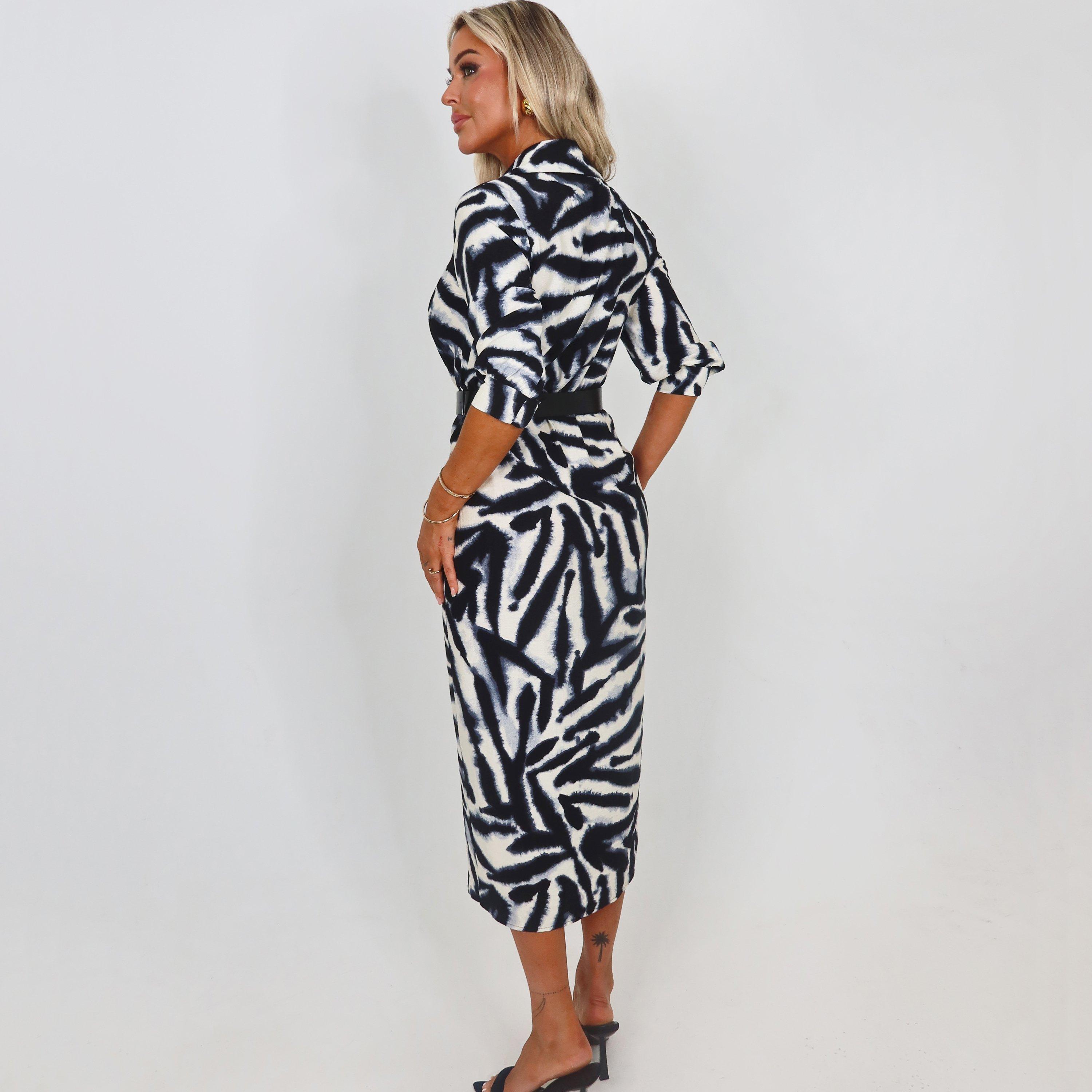 Black/White - AX Paris - And White Animal Print Belted Wrap Shirt Midi Dress - 3