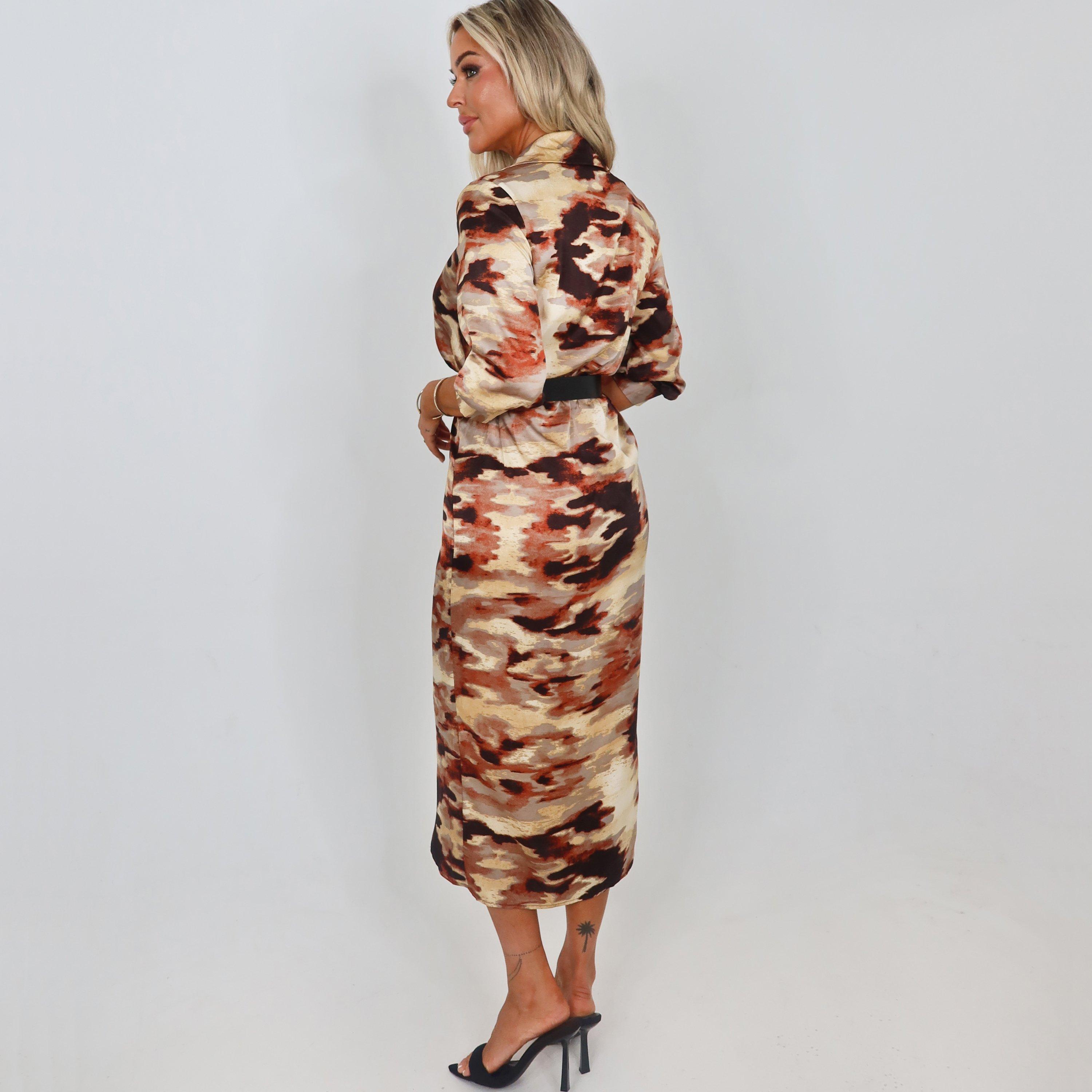 Brown - AX Paris - Smudge Print Belted Wrap Shirt Midi Dress - 3