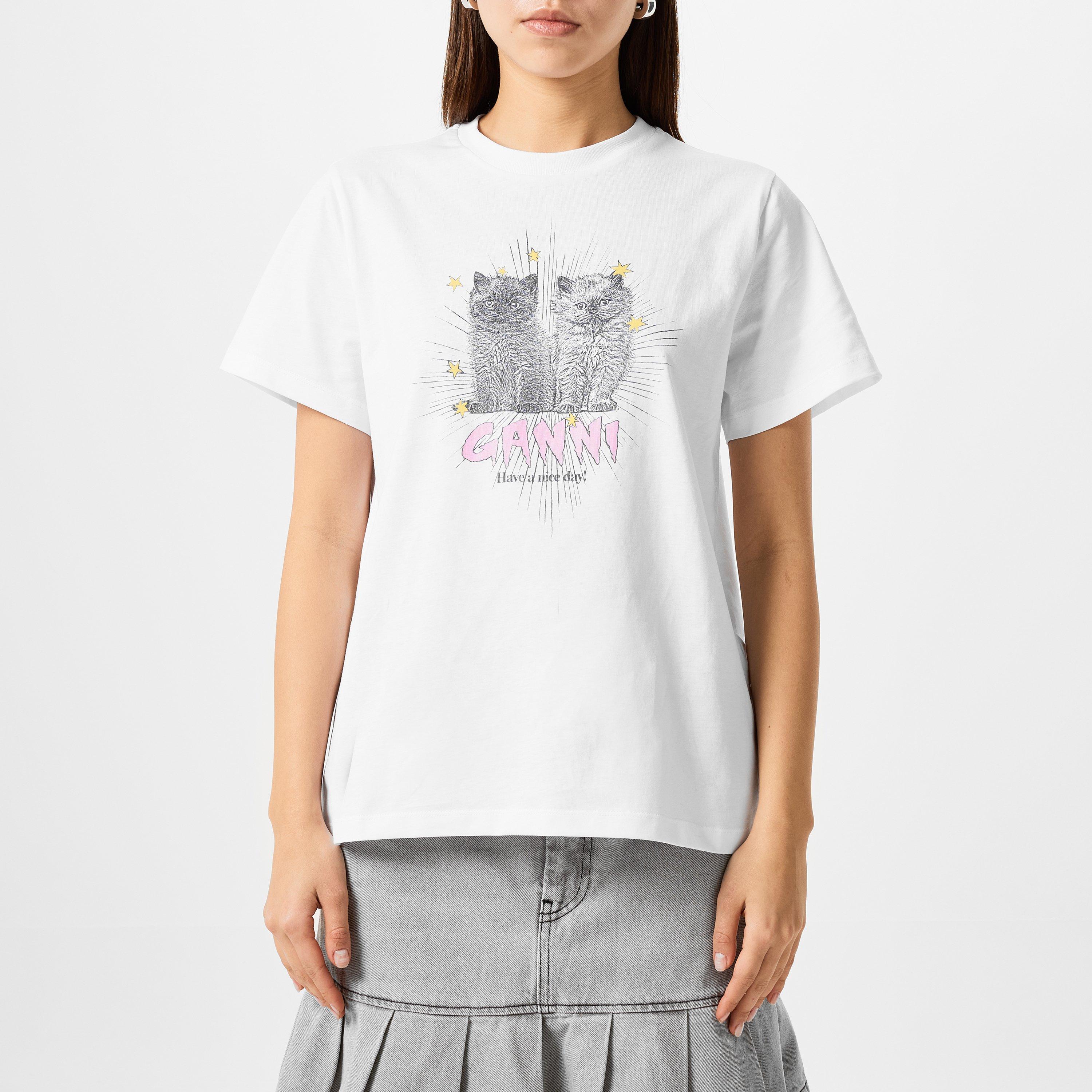 Ganni Kittens T-Shirt - Bright White - Size 14 (40)