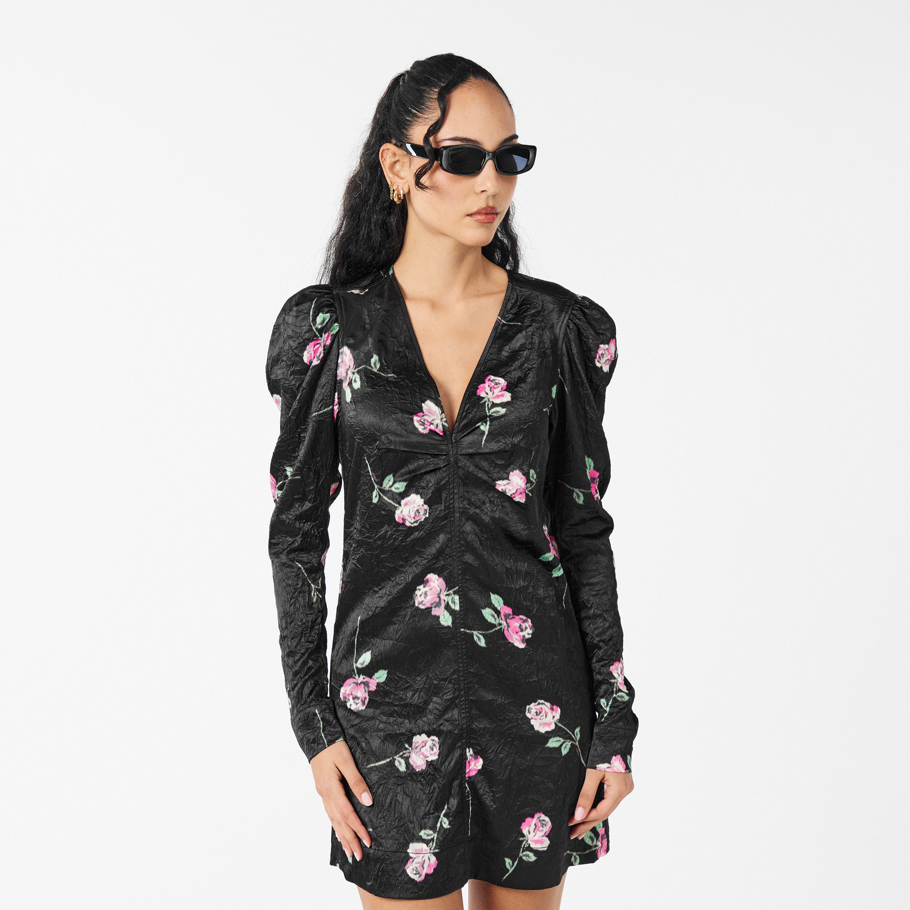 Black - Ganni - Women's Satin V Neck Mini Dress - 3