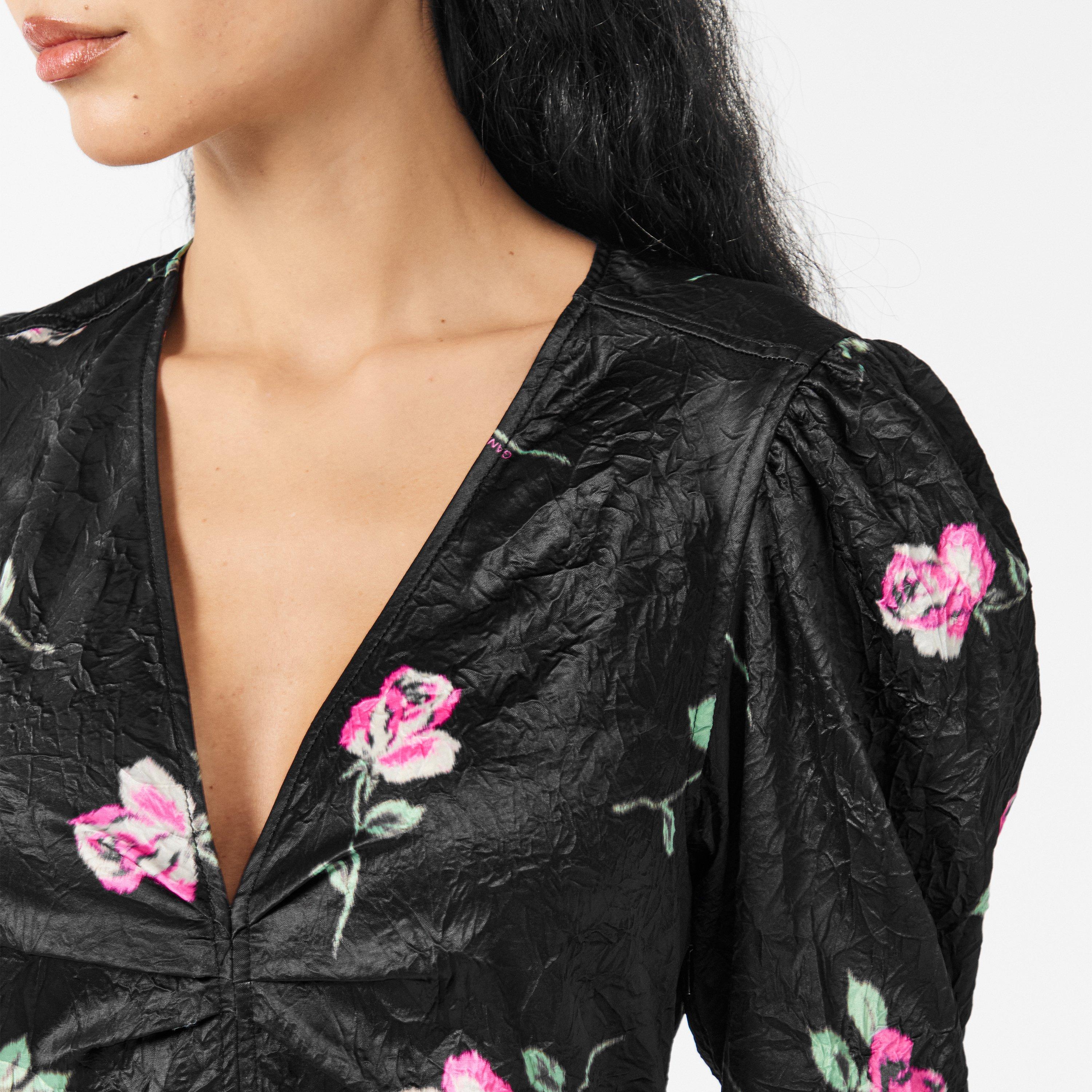 Black - Ganni - Women's Satin V Neck Mini Dress - 5