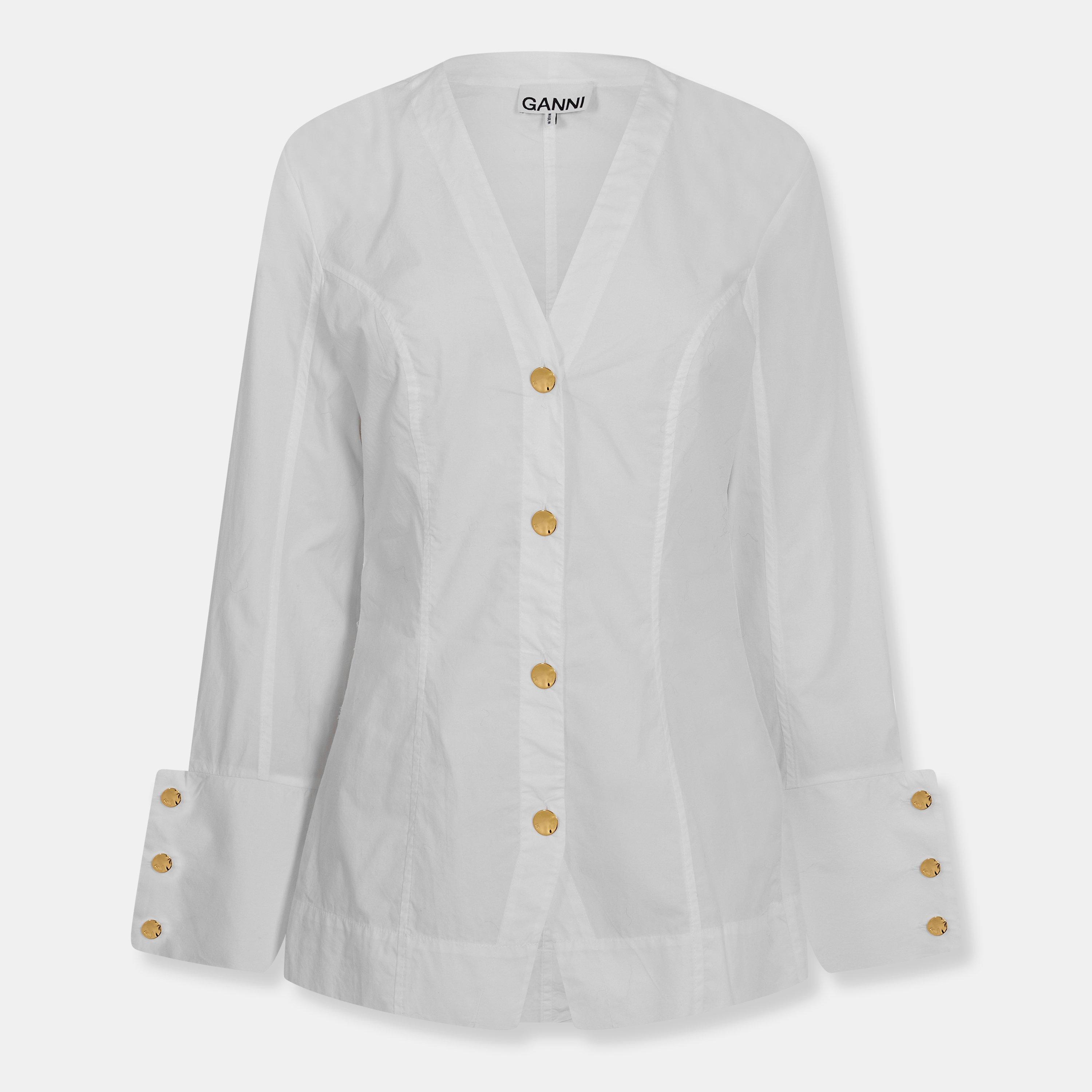 Ganni Women's Poplin Long Sleeve V-Neck Shirt - Bright White - Size 12 (38)
