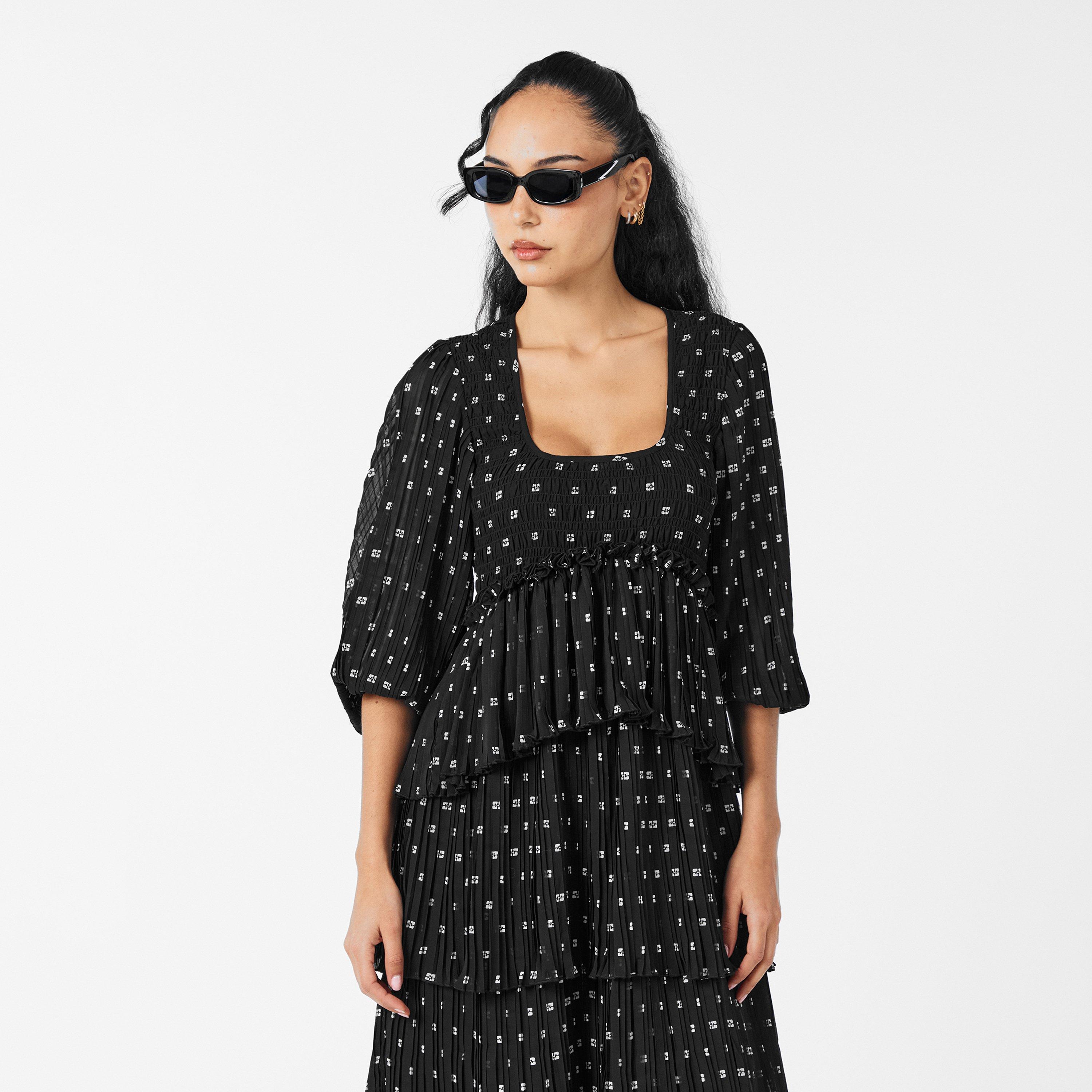 Black - Ganni - Women's Georgette Smock Dress - 3