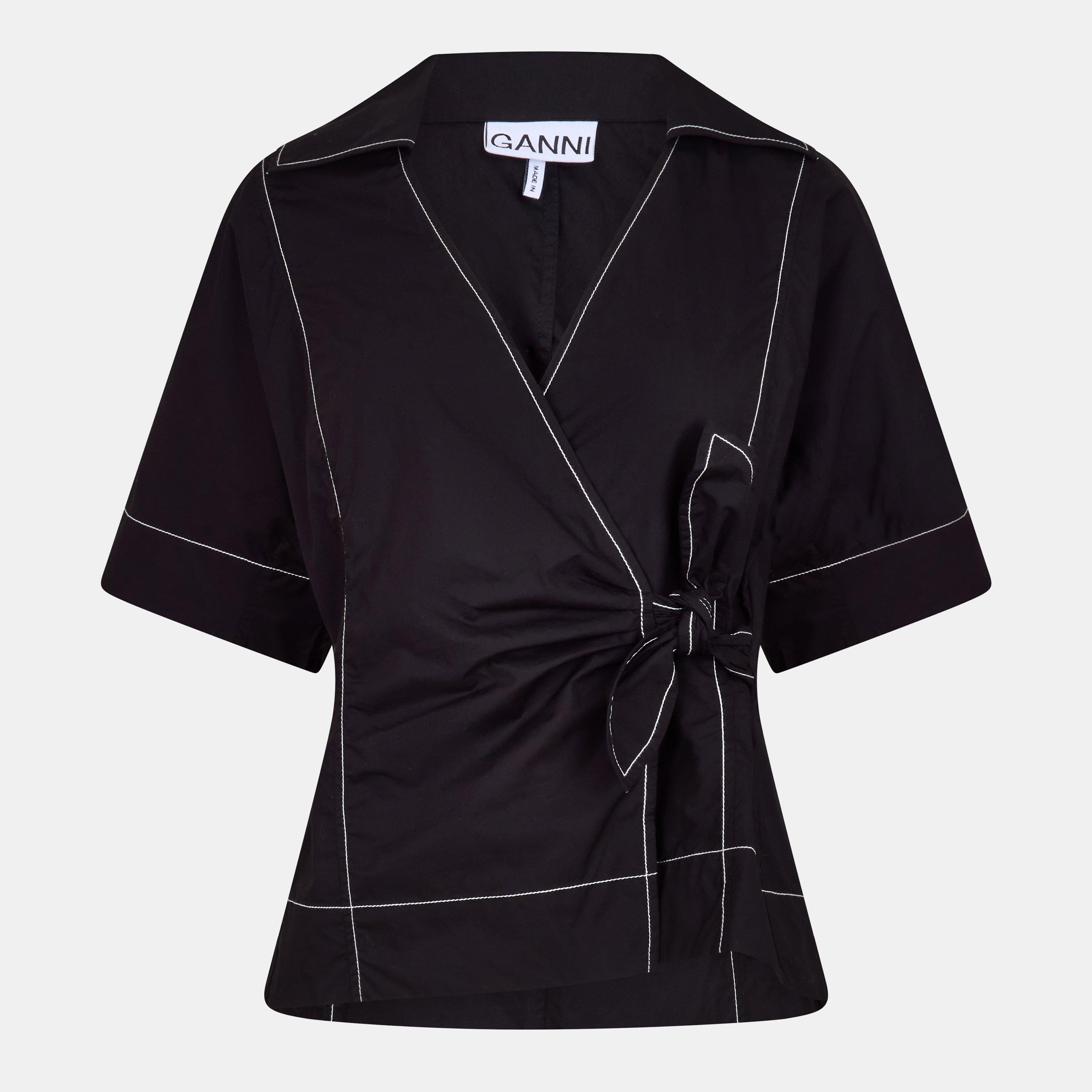 Black - Ganni - Women's Blouse Wrap Top - 1