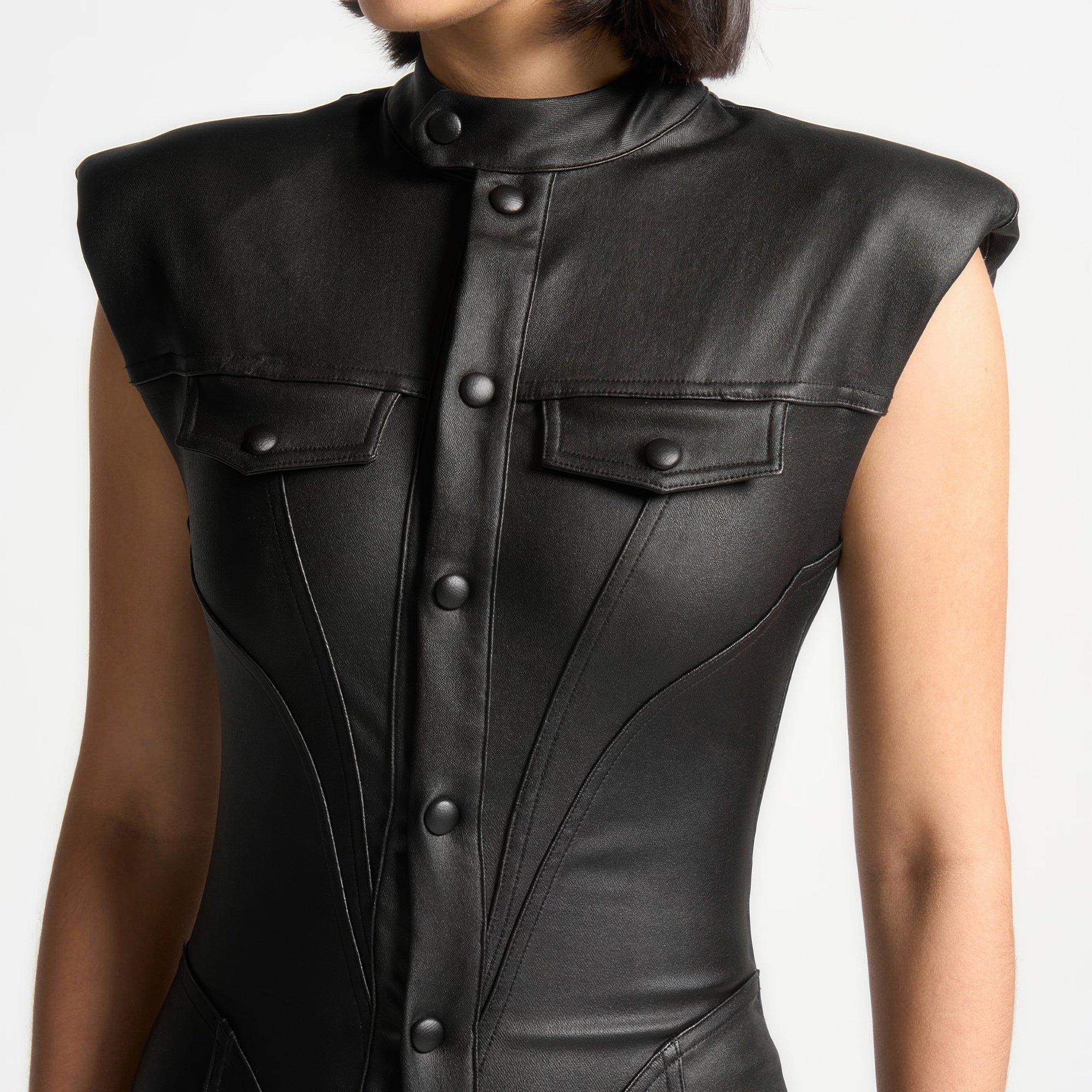 Black - Maniere De Voir - Women’s Wax Coated Denim Jumpsuit - 5