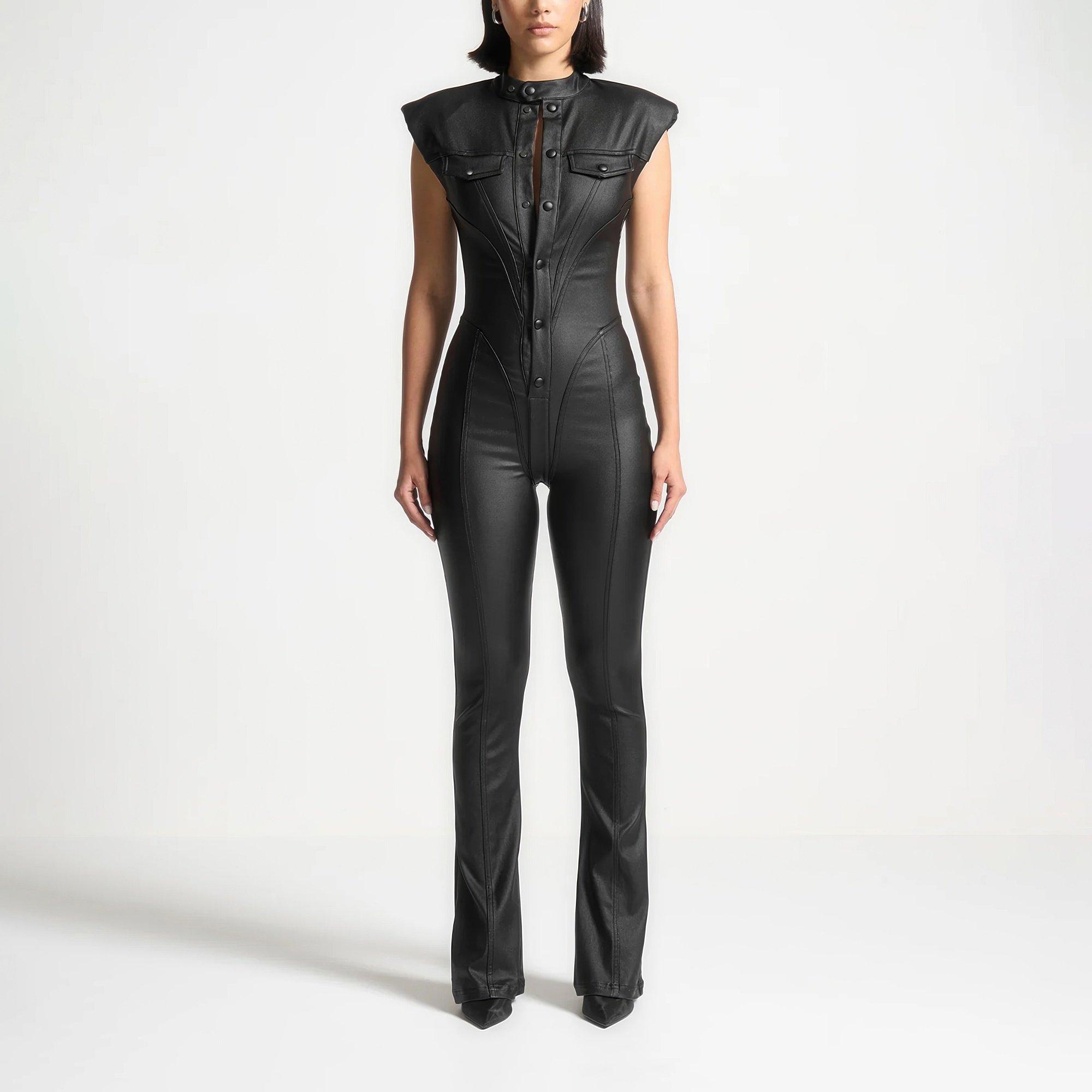 Black - Maniere De Voir - Women’s Wax Coated Denim Jumpsuit - 6