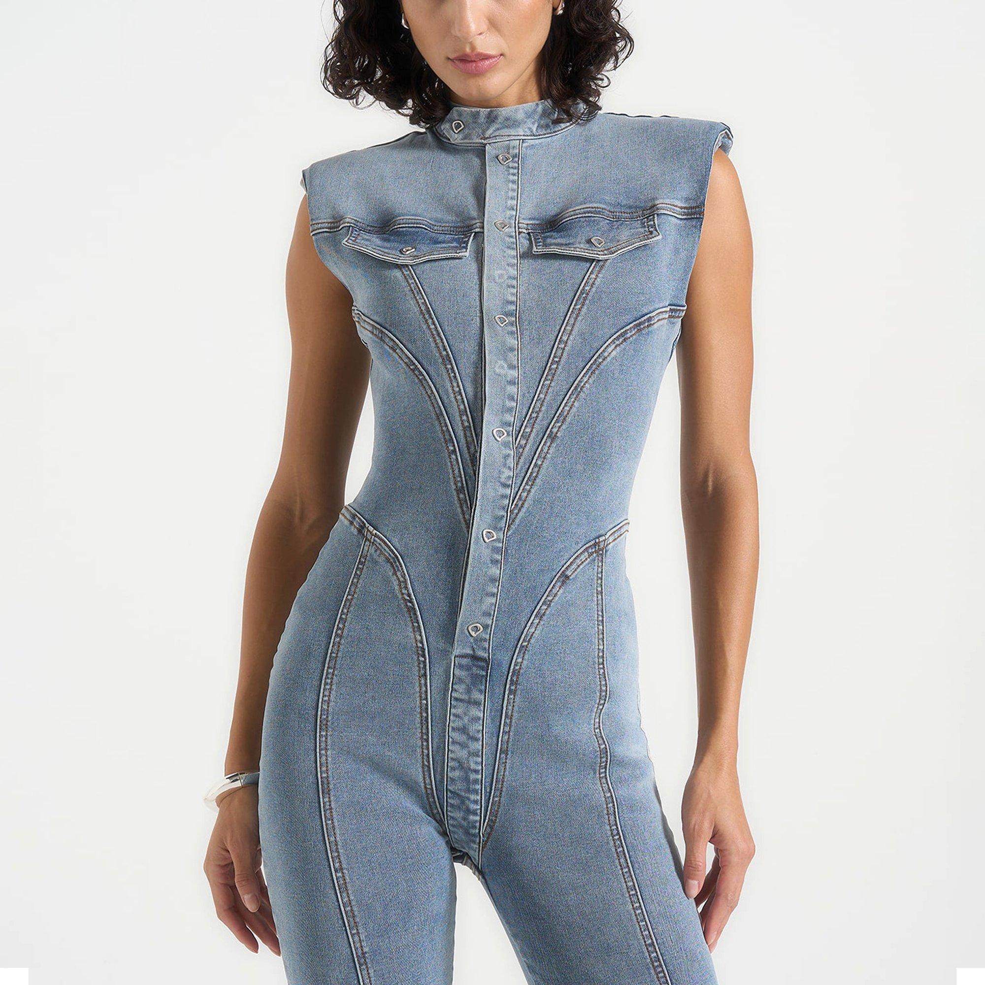 Mid Blue - Maniere De Voir - Women’s Wax Coated Denim Jumpsuit - 2
