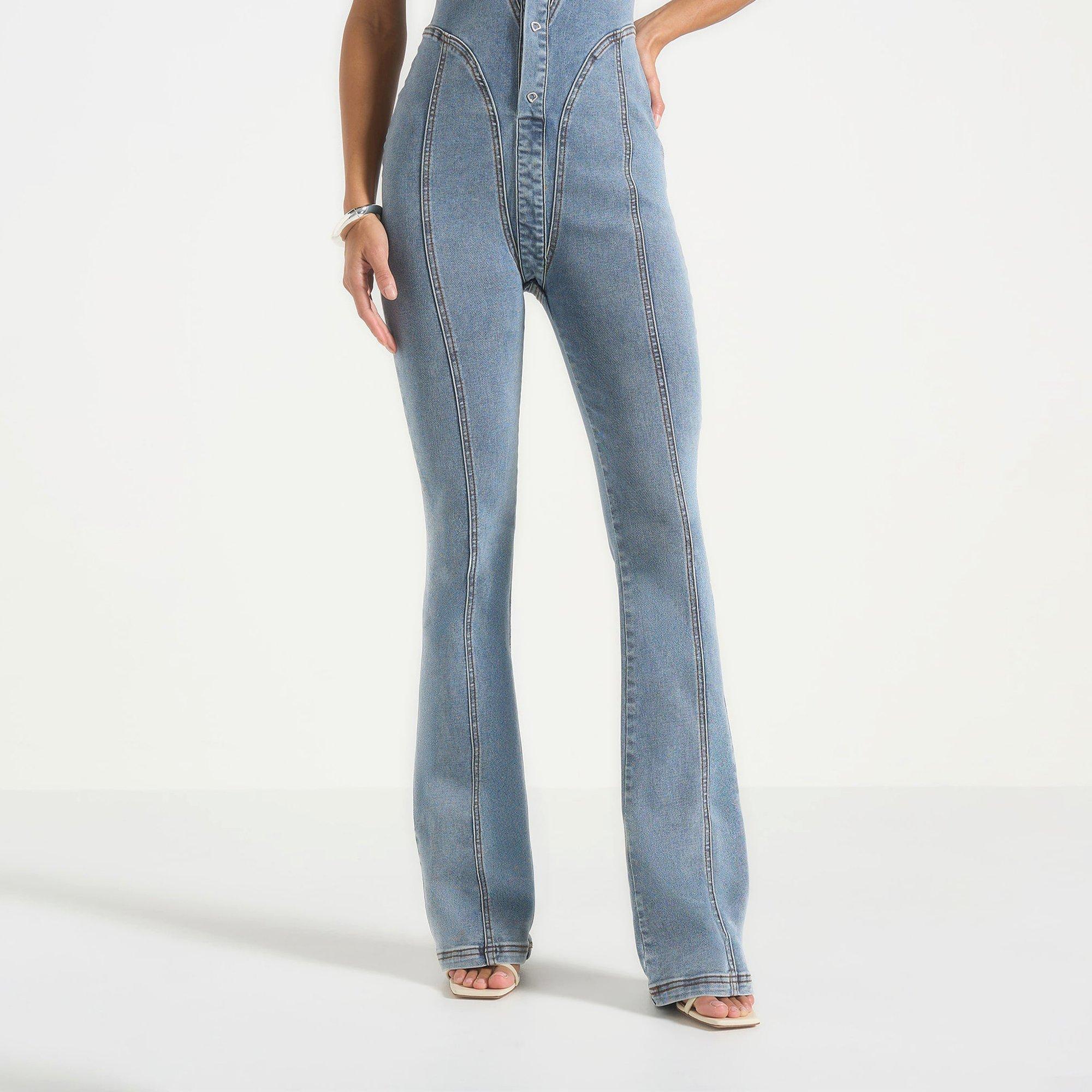Mid Blue - Maniere De Voir - Women’s Wax Coated Denim Jumpsuit - 3