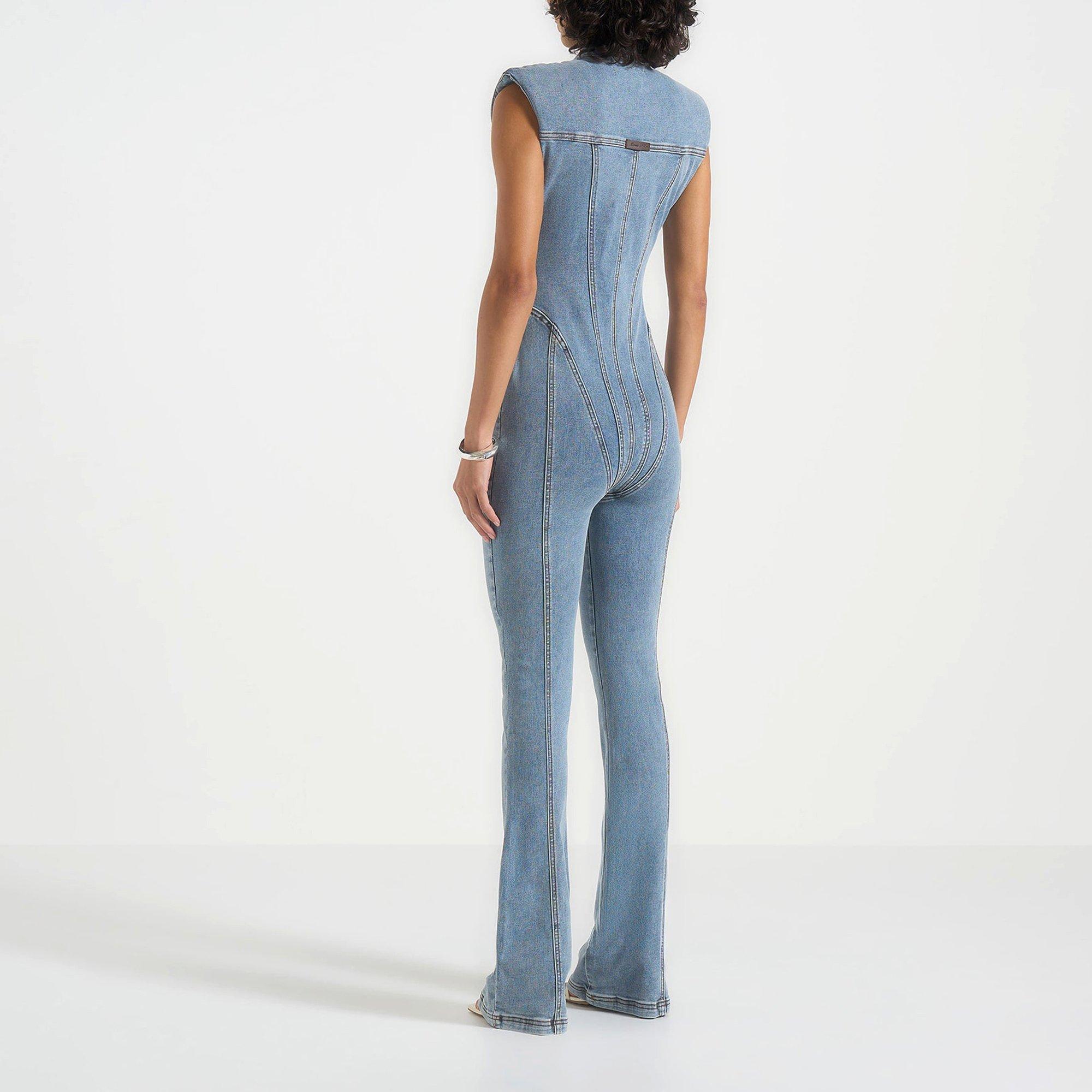 Mid Blue - Maniere De Voir - Women’s Wax Coated Denim Jumpsuit - 4