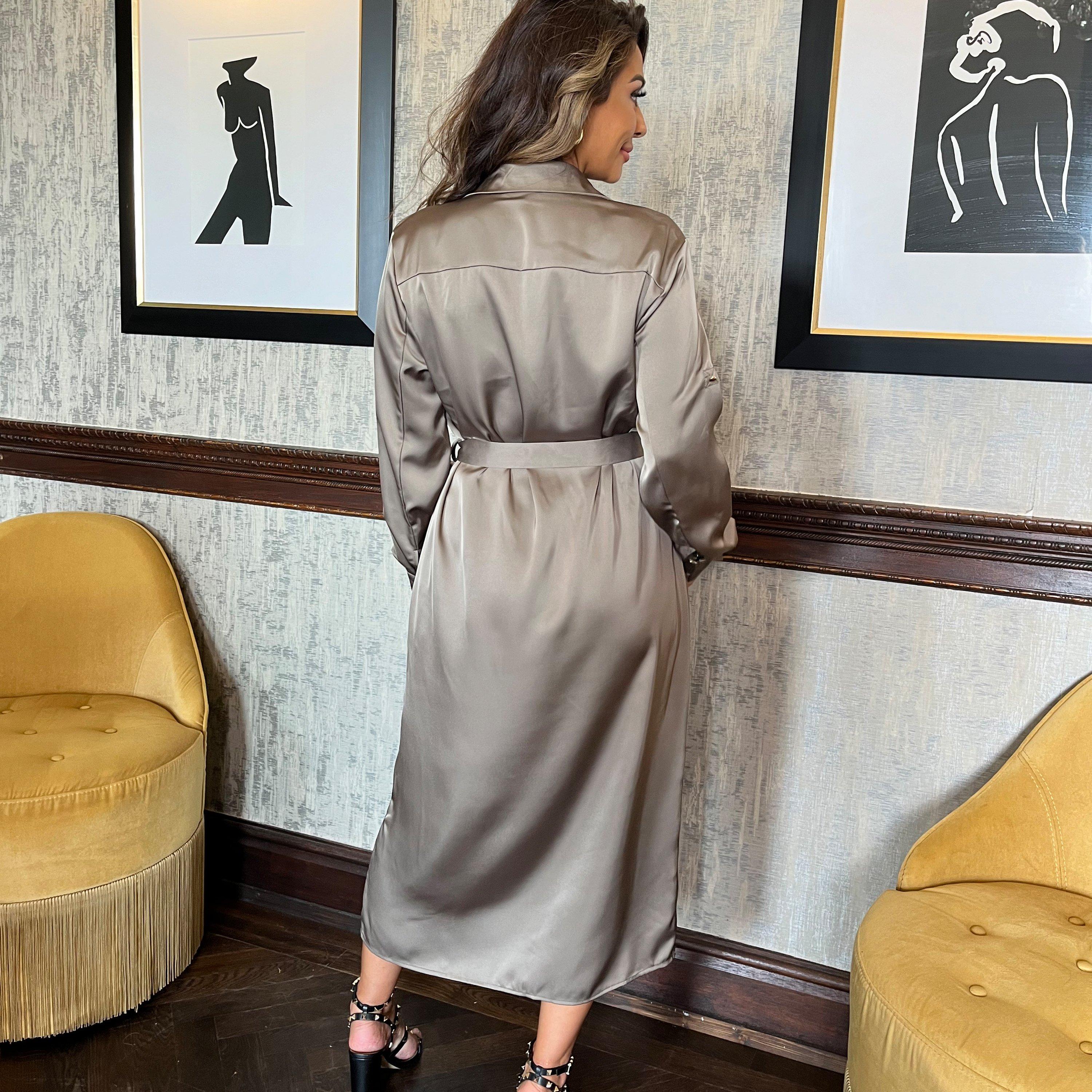 Taupe - AX Paris - Belted three quarter Sleeve Gold Buttons Shirt Midi Dress - 2