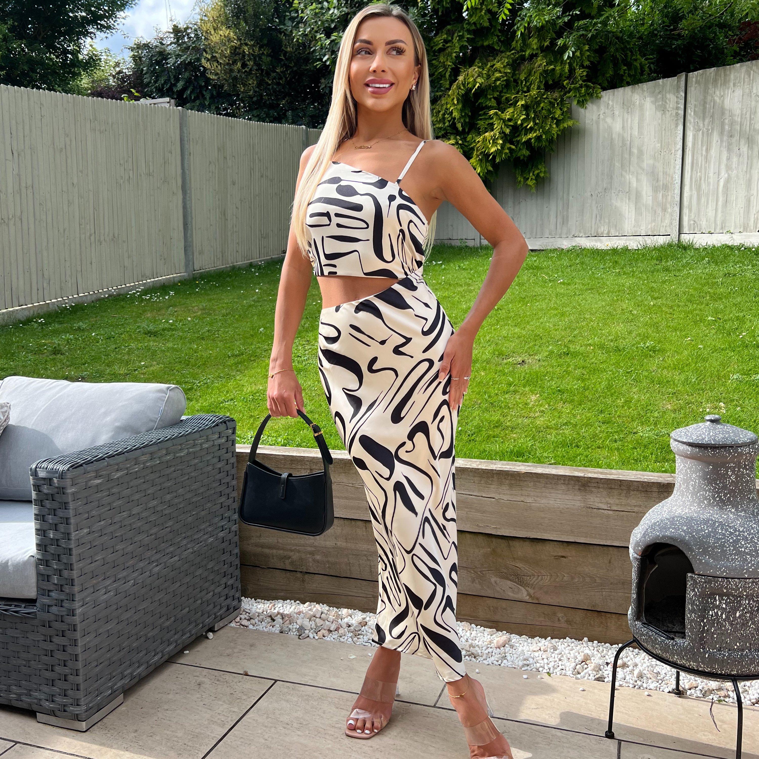 Black/Cream - AX Paris - Black And Cream Printed Asymmetric Cut Out Midi Dress - 1