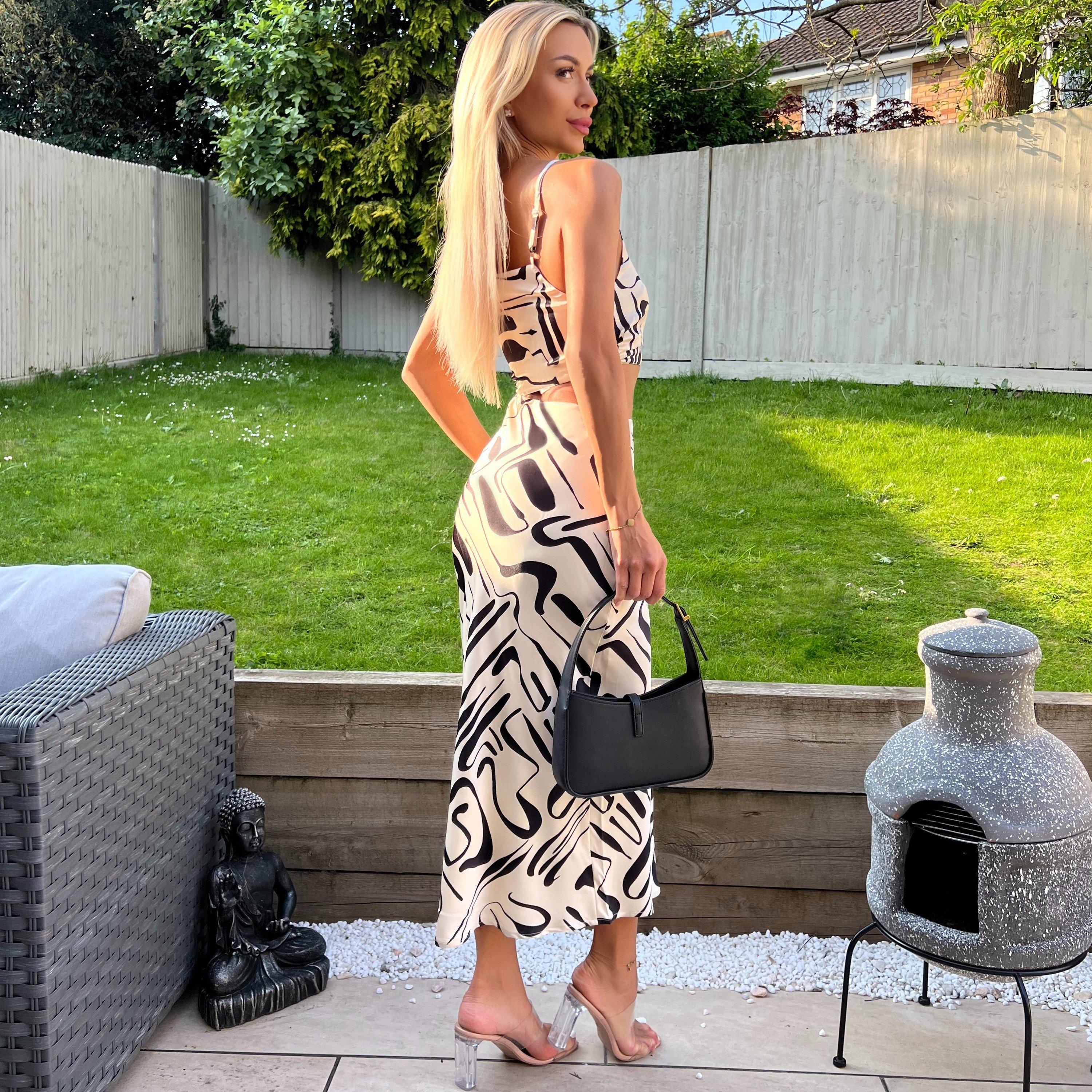 Black/Cream - AX Paris - And Cream Printed Asymmetric Cut Out Midi Dress - 2