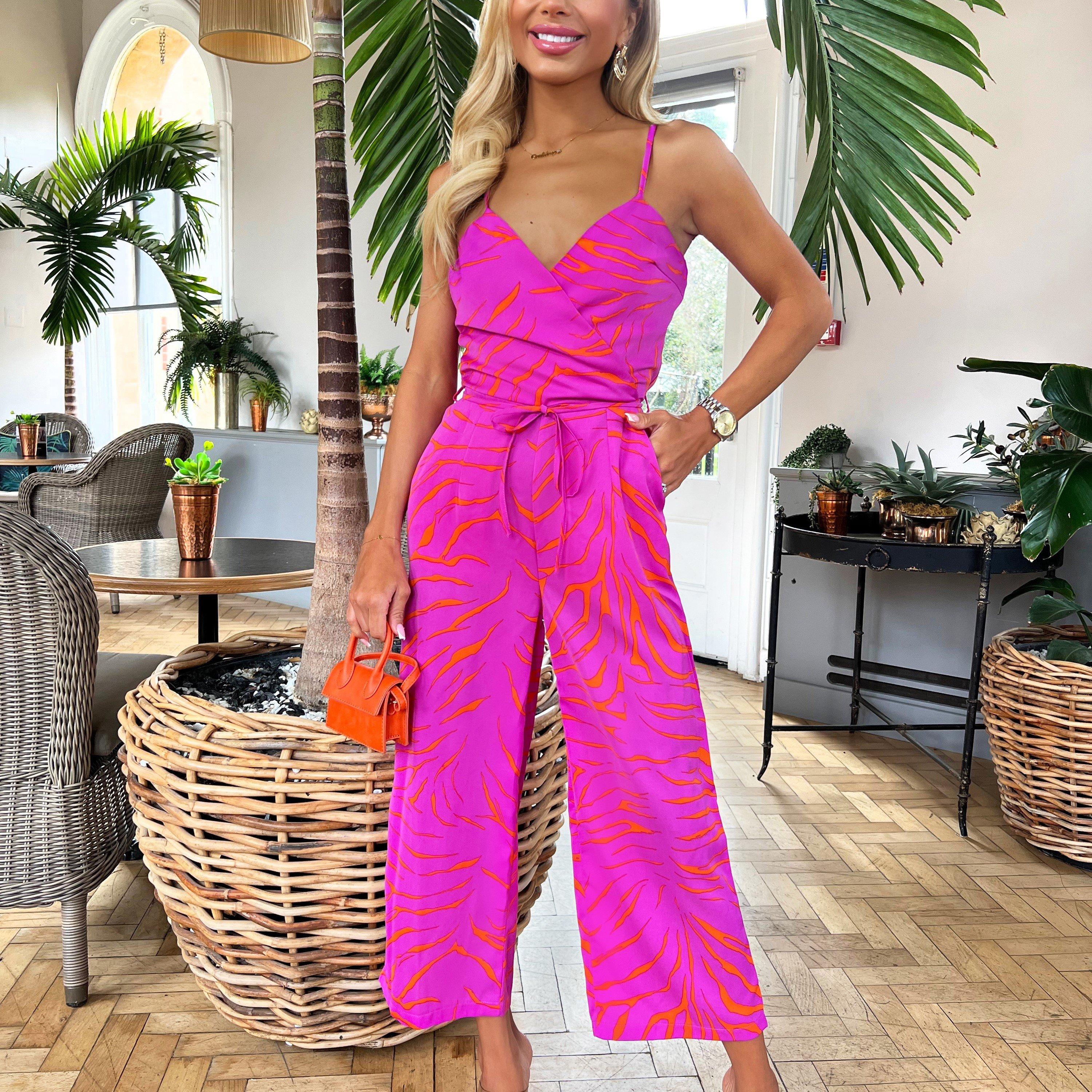 Pink - AX Paris - and Orange Printed Wrap Top Tie Waist Full Length Jumpsuit - 3