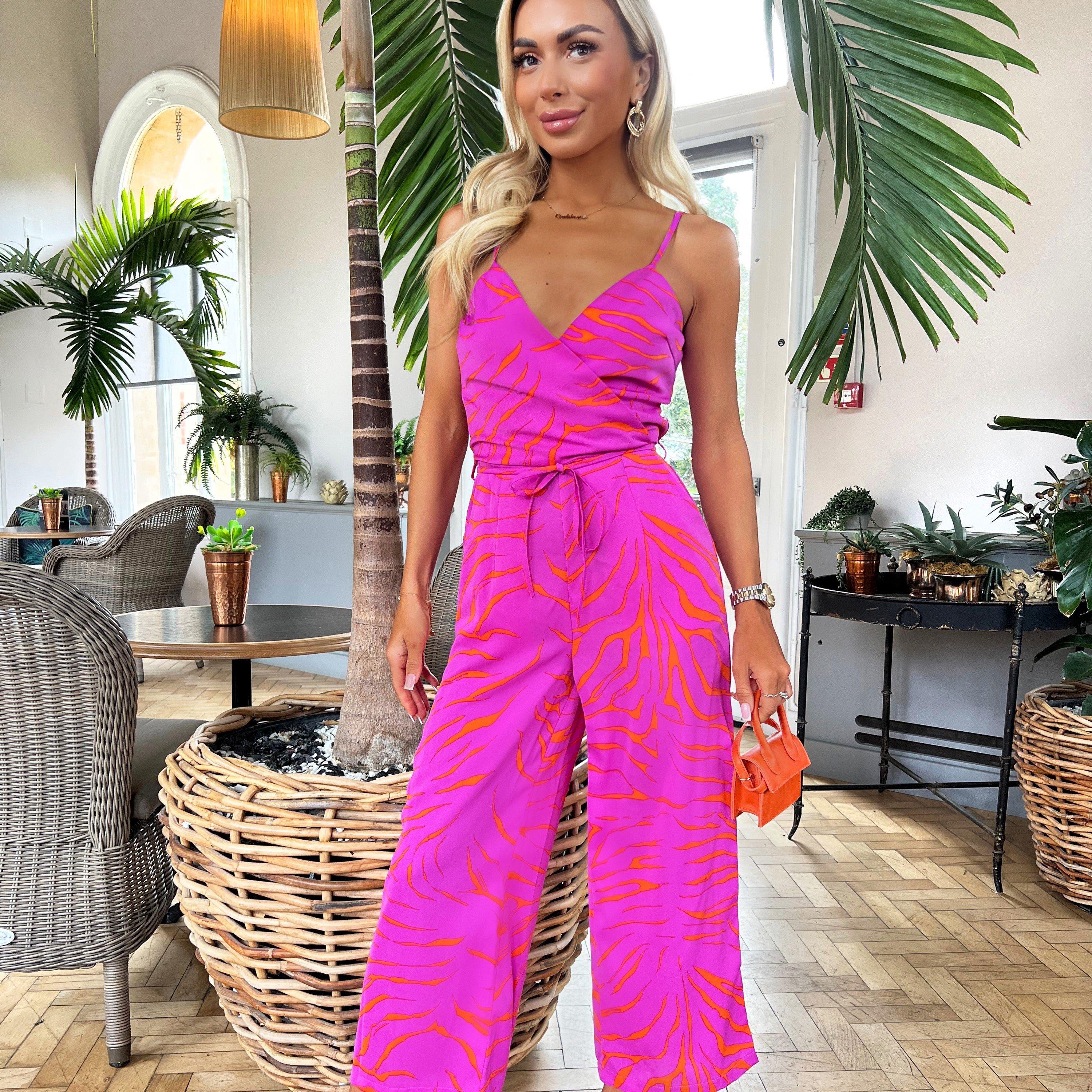 Pink - AX Paris - and Orange Printed Wrap Top Tie Waist Full Length Jumpsuit - 4