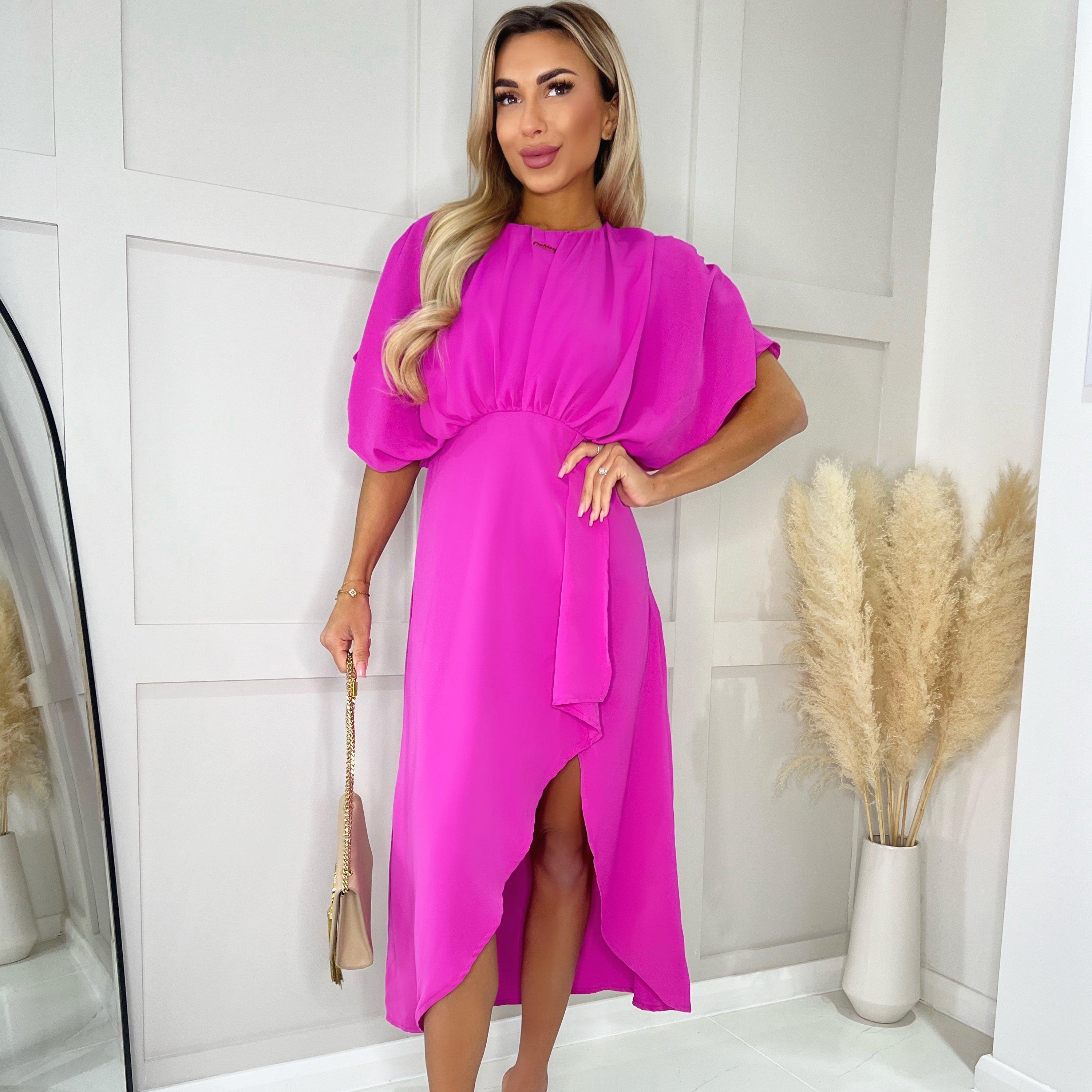 Hot Pink - AX Paris - Hot Pink Batwing Top Wrap Skirt Midi Dress - 1