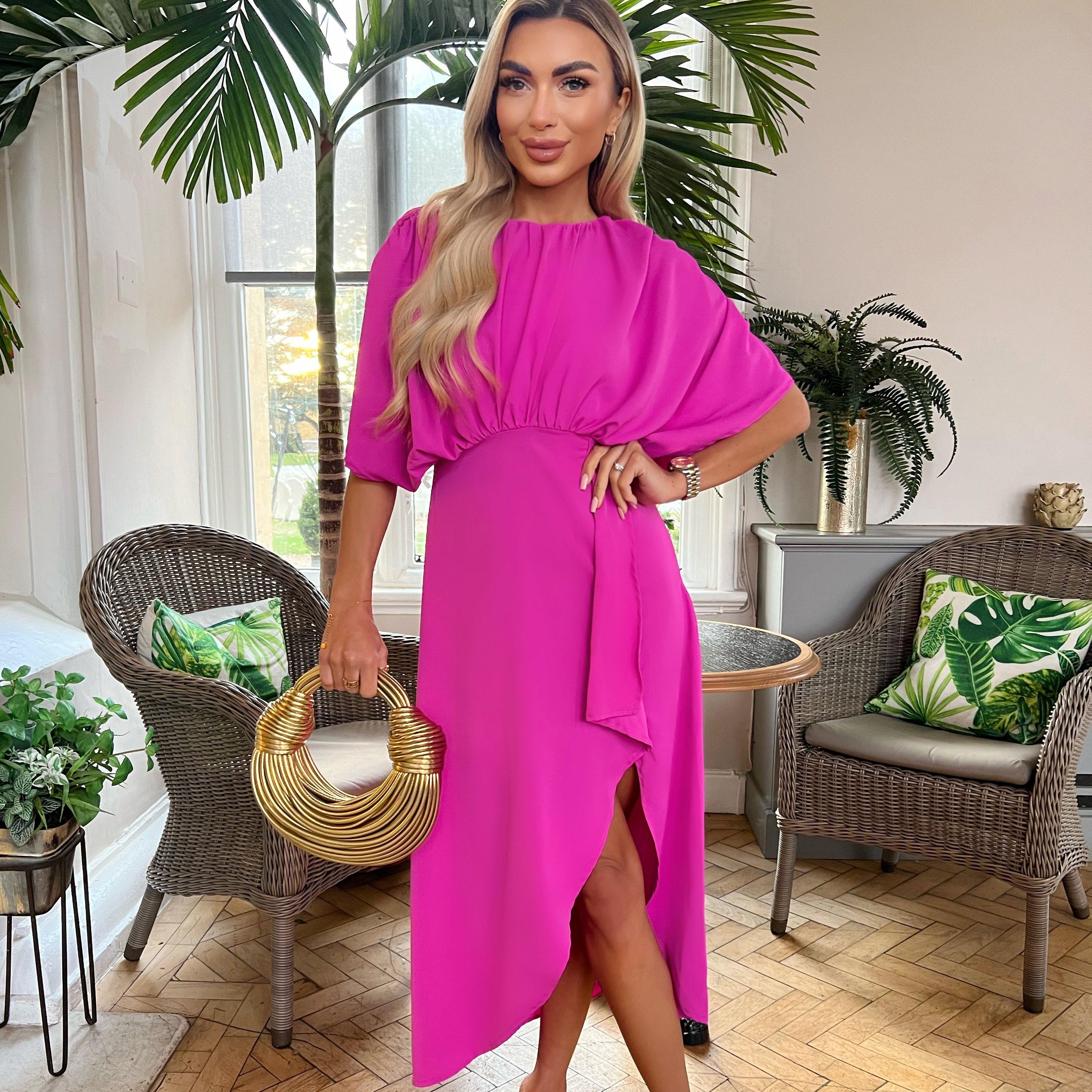 Hot Pink - AX Paris - Pink Batwing Top Wrap Skirt Midi Dress - 4