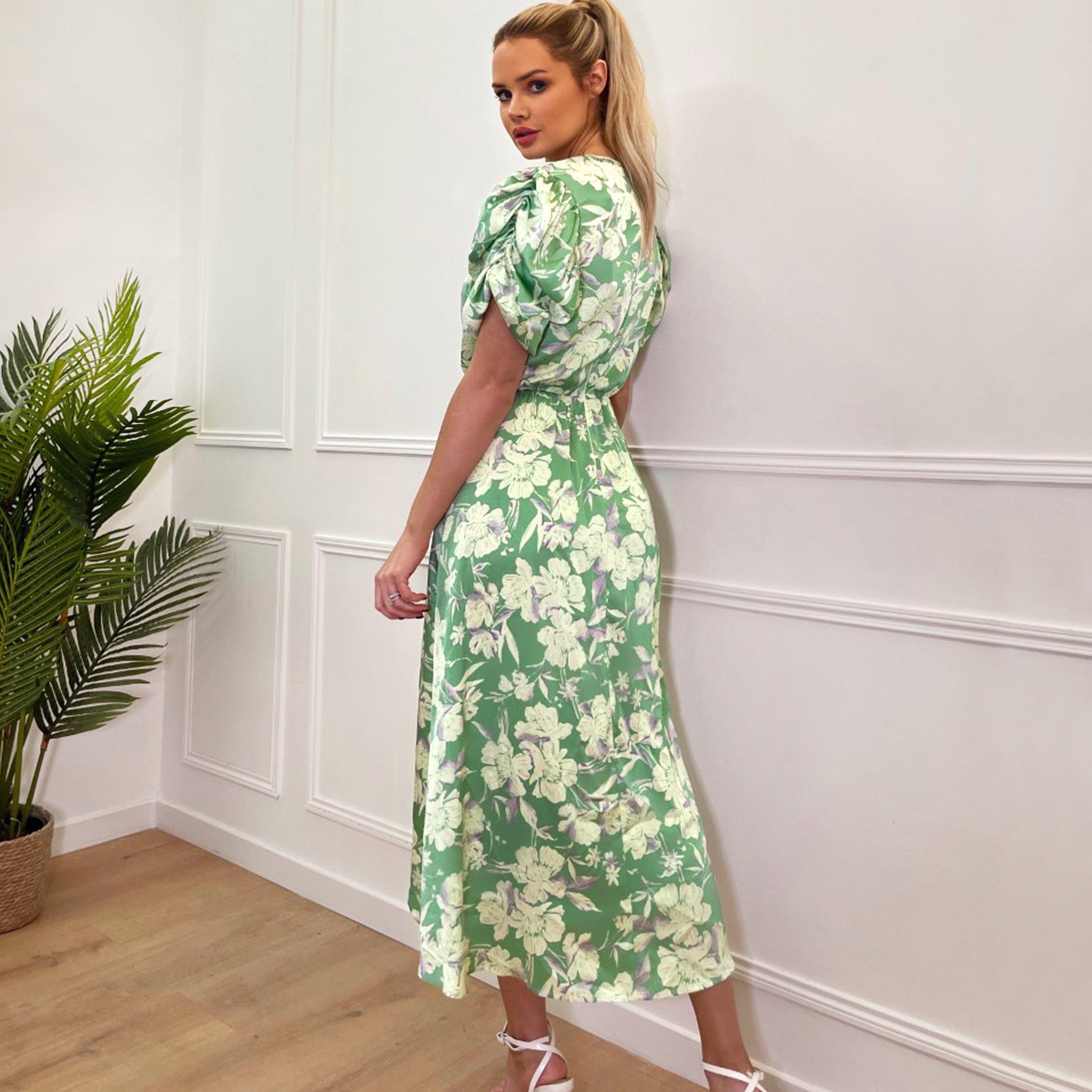 Green - AX Paris - Floral Printed Short Puff Sleeve Gathered Side Midi Dress - 2