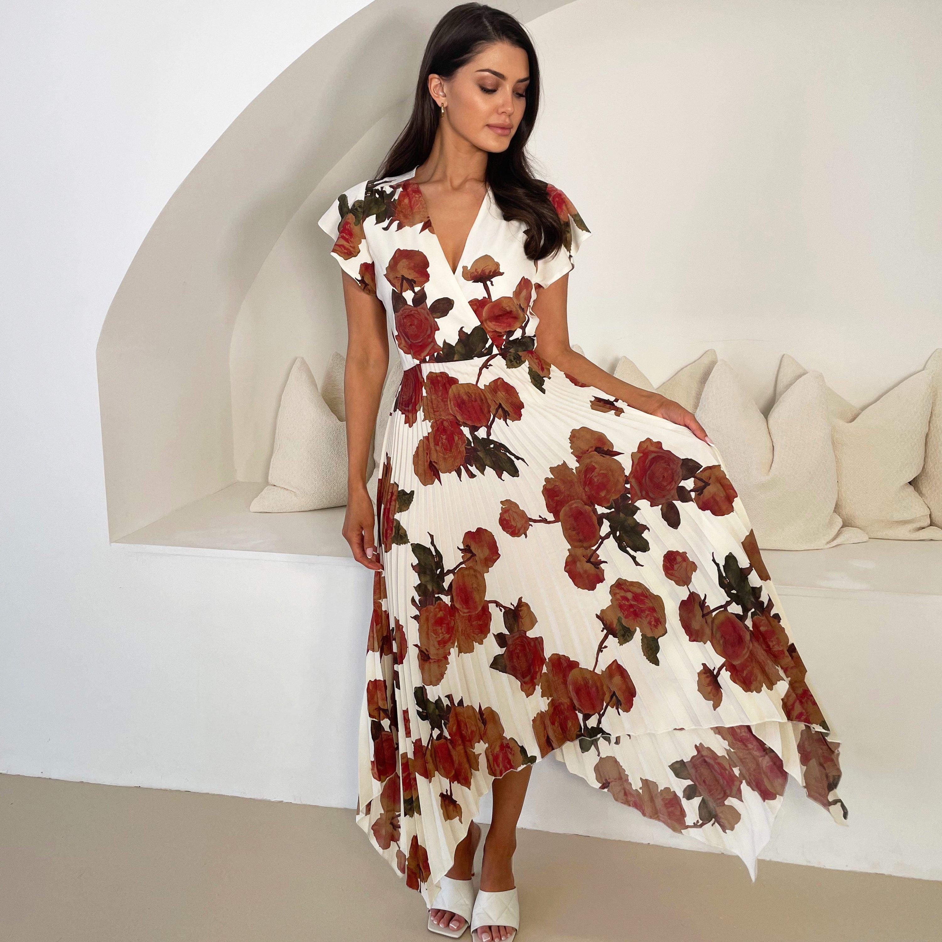 Cream - AX Paris - Print Wrap Top Asymmetrical Hem Pleated Midi - 3