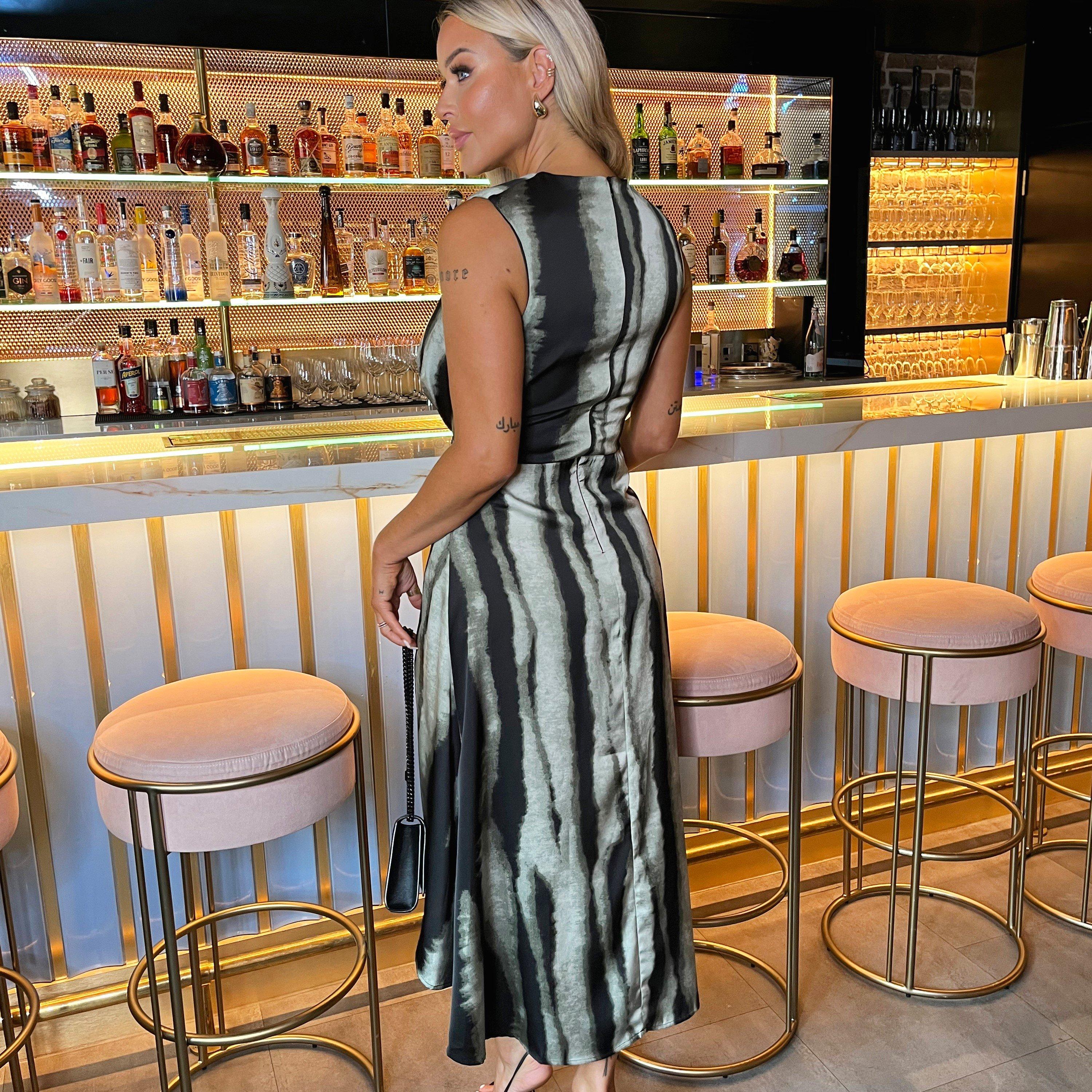 Multi - AX Paris - Smudged Stripe Print Shoulder Padded Gathered Waist Midi Dress - 2