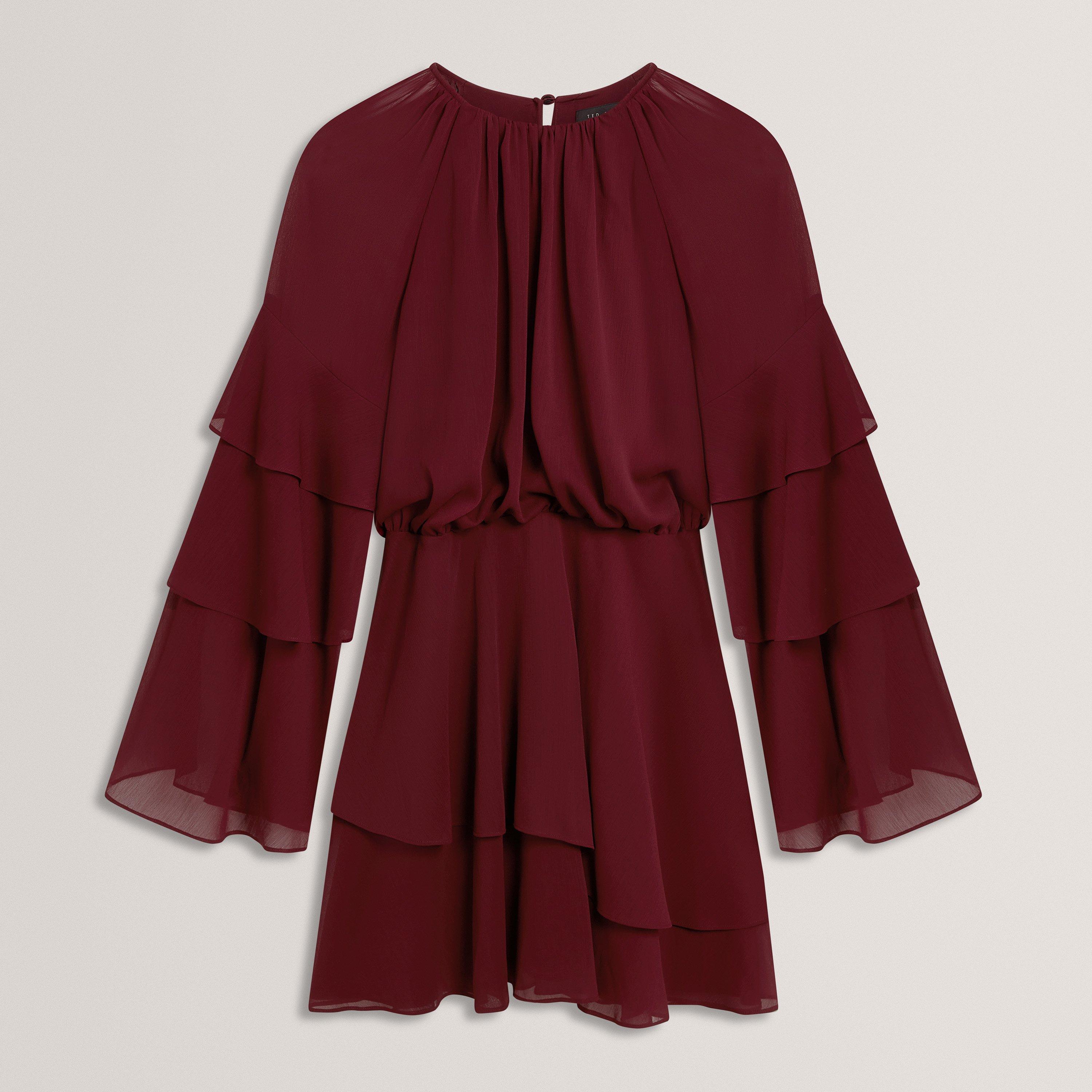 Oxblood - Ted Baker - Ted Baker Frill Trim Long Sleeve Mini Dress - 1