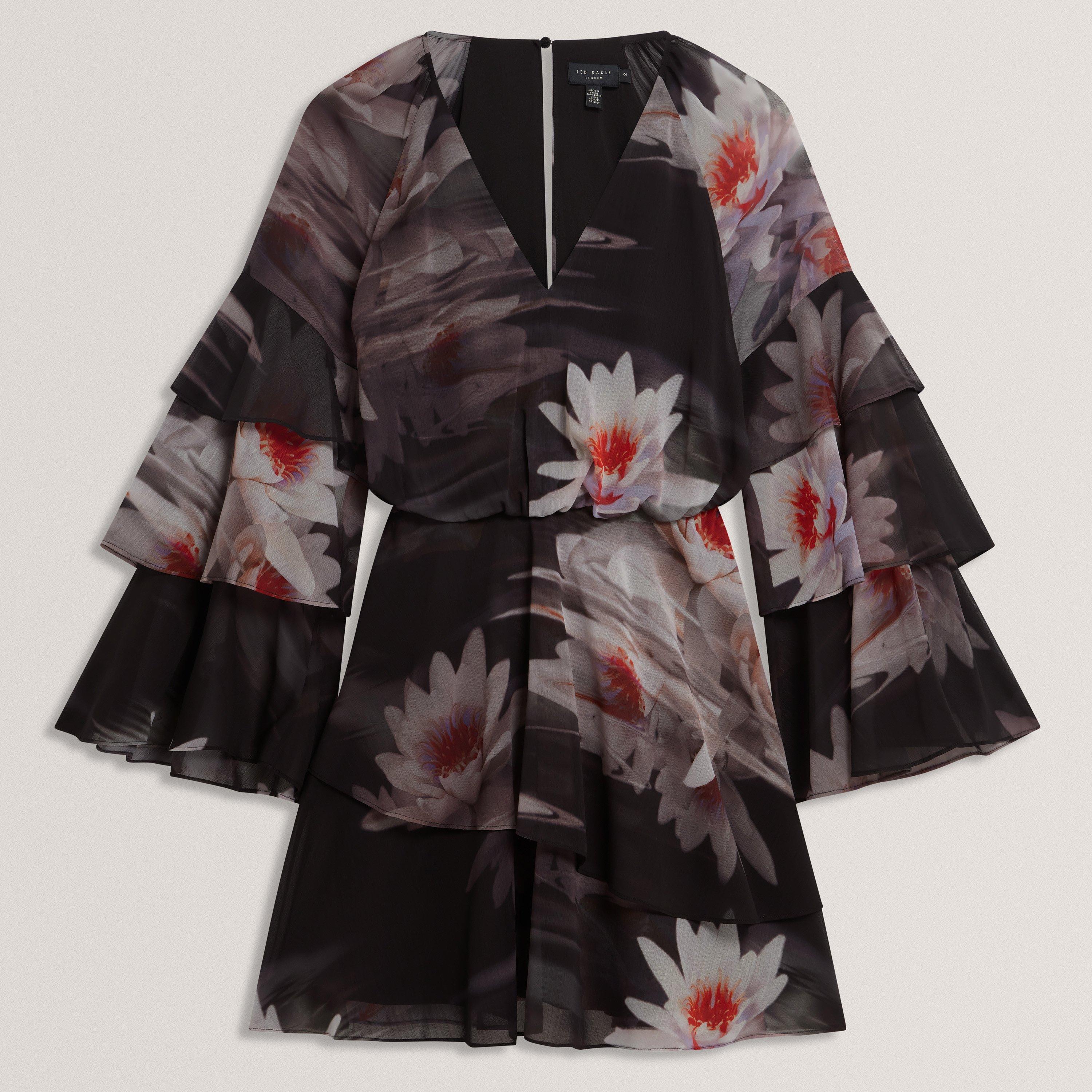 Black - Ted Baker - Ted Baker Lily Print Frilled Long Sleeve Mini Dress - 1