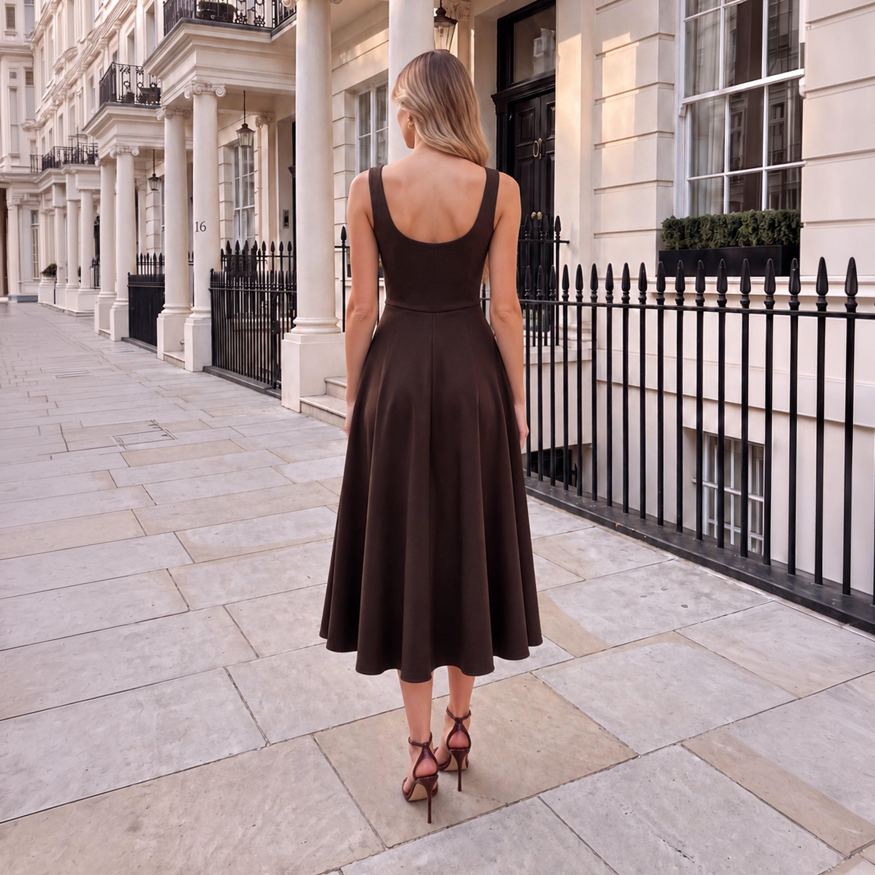 Chocolate - AX Paris - Square Neck A-line Midi Dress - 3