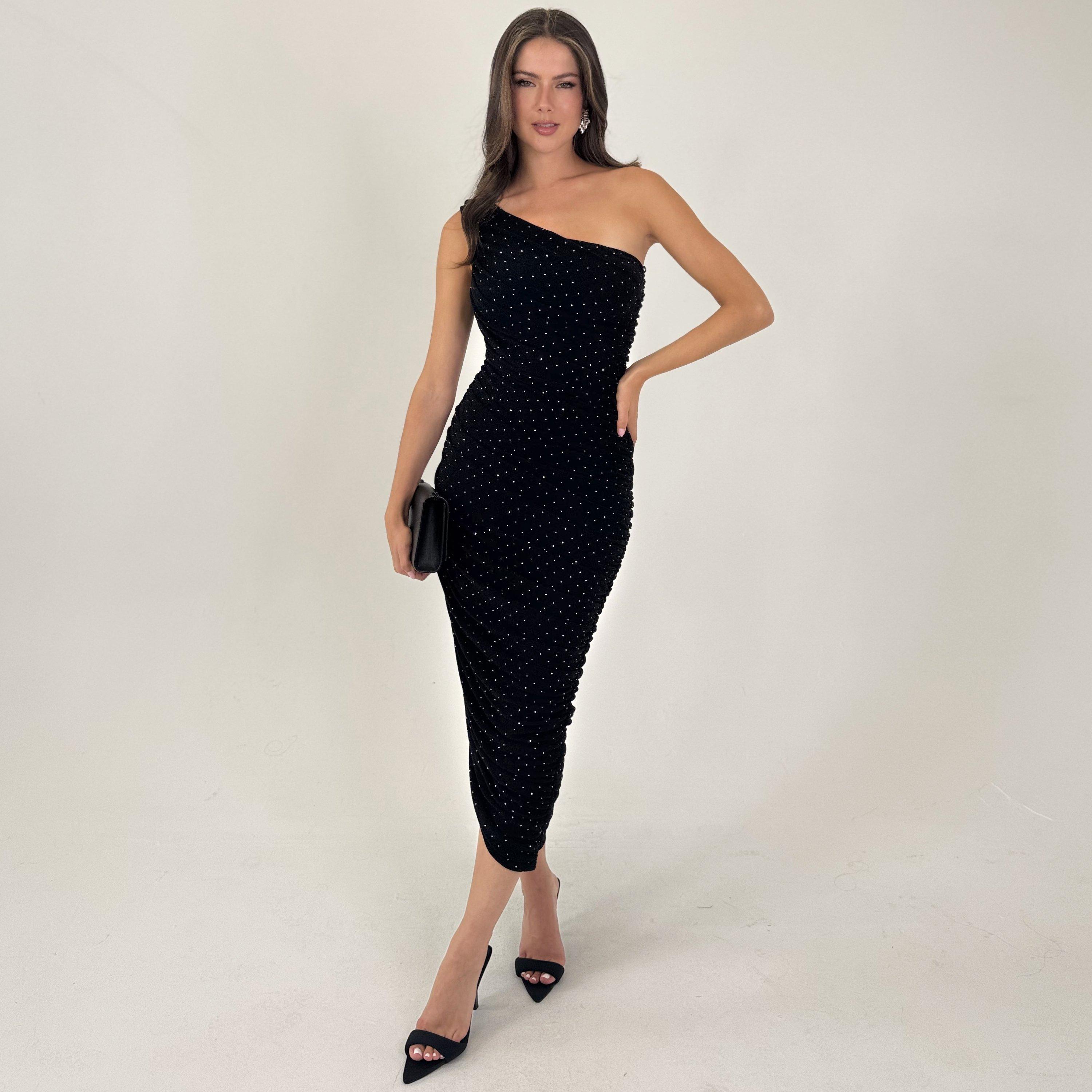 Black - AX Paris - Black Diamante Sparkle One Shoulder Ruched Midi Dress - 1