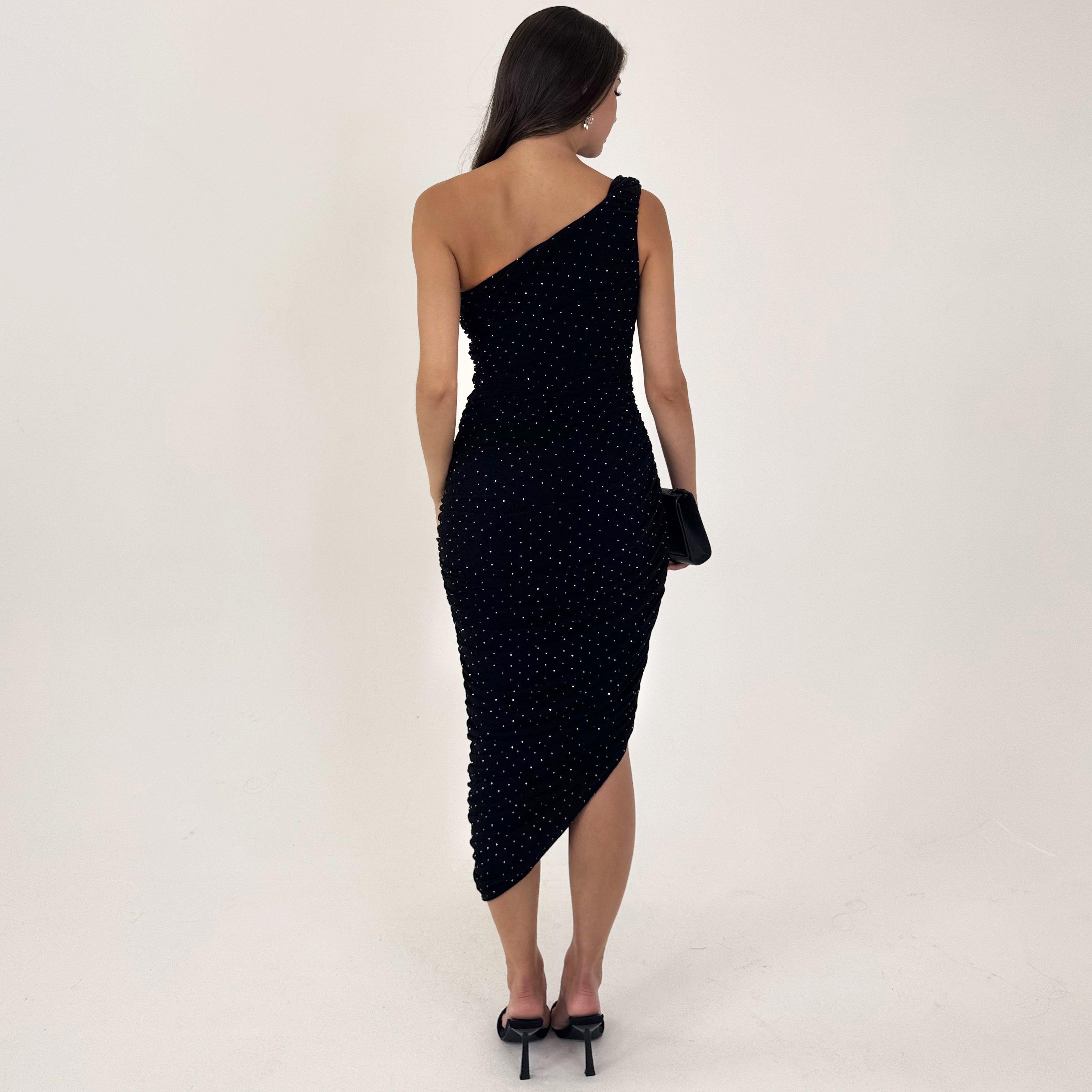 Black - AX Paris - Diamante Sparkle One Shoulder Ruched Midi Dress - 2