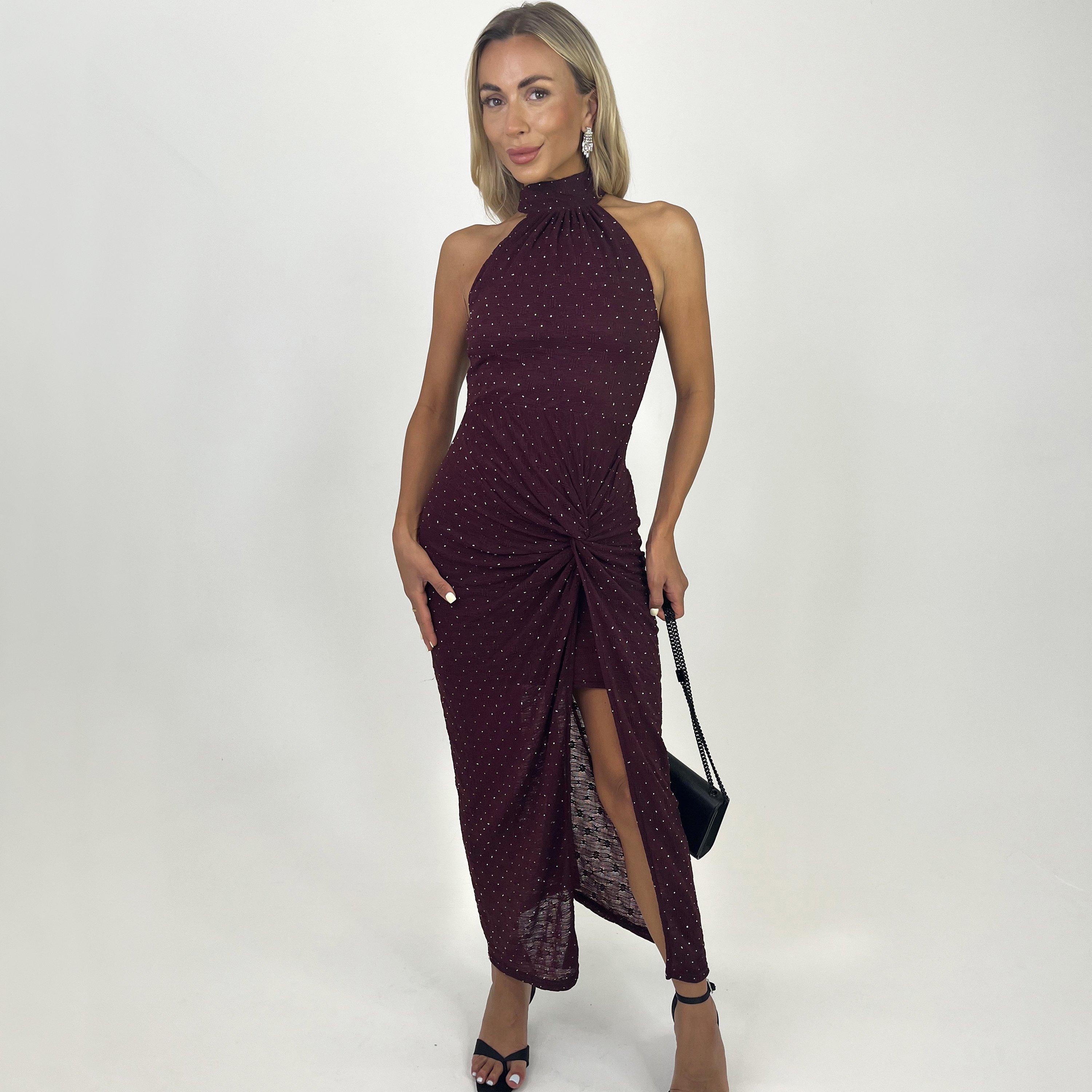 Plum - AX Paris - Jacquard Diamante Halter Neck Knot Skirt Midi Dress - 3