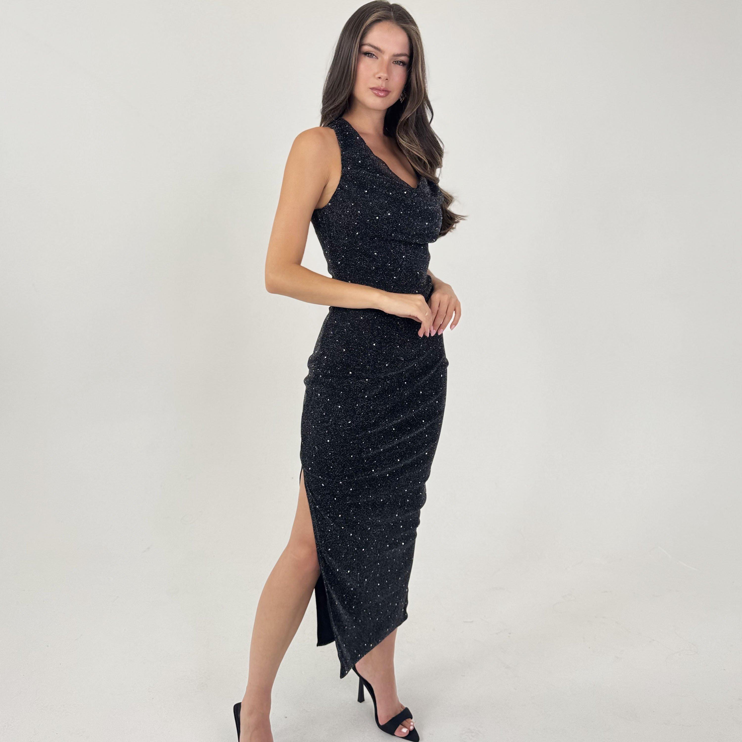 Black - AX Paris - Diamante Sparkle Cowl Neck Midi Dress - 3