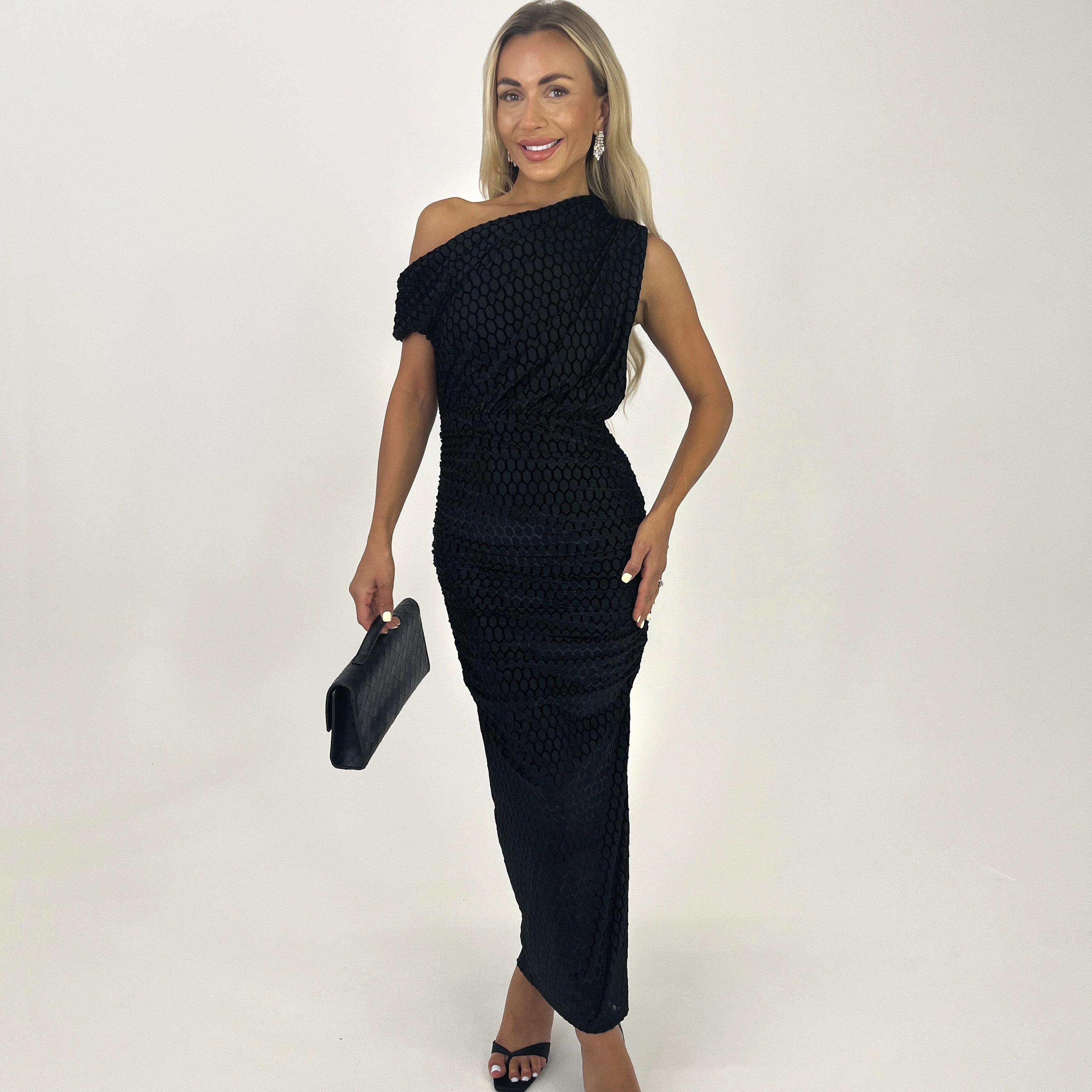 Black - AX Paris - Velvet Pattern Off The Shoulder Draped Top Midi Dress - 3